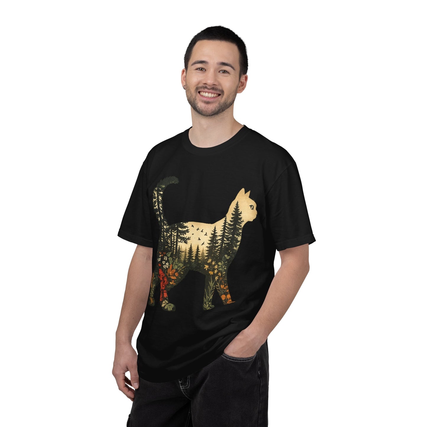 Cat Silhouette Tee — Forest Landscape Double Exposure Shirt