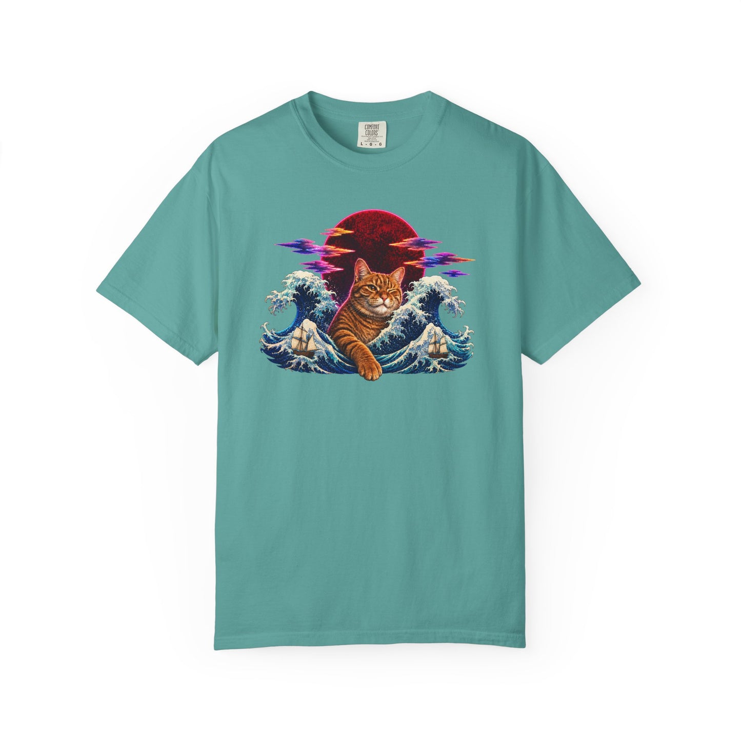 Cat Wave T-Shirt — Ginger Cat Surfing Ocean Waves with Red Sun Graphic