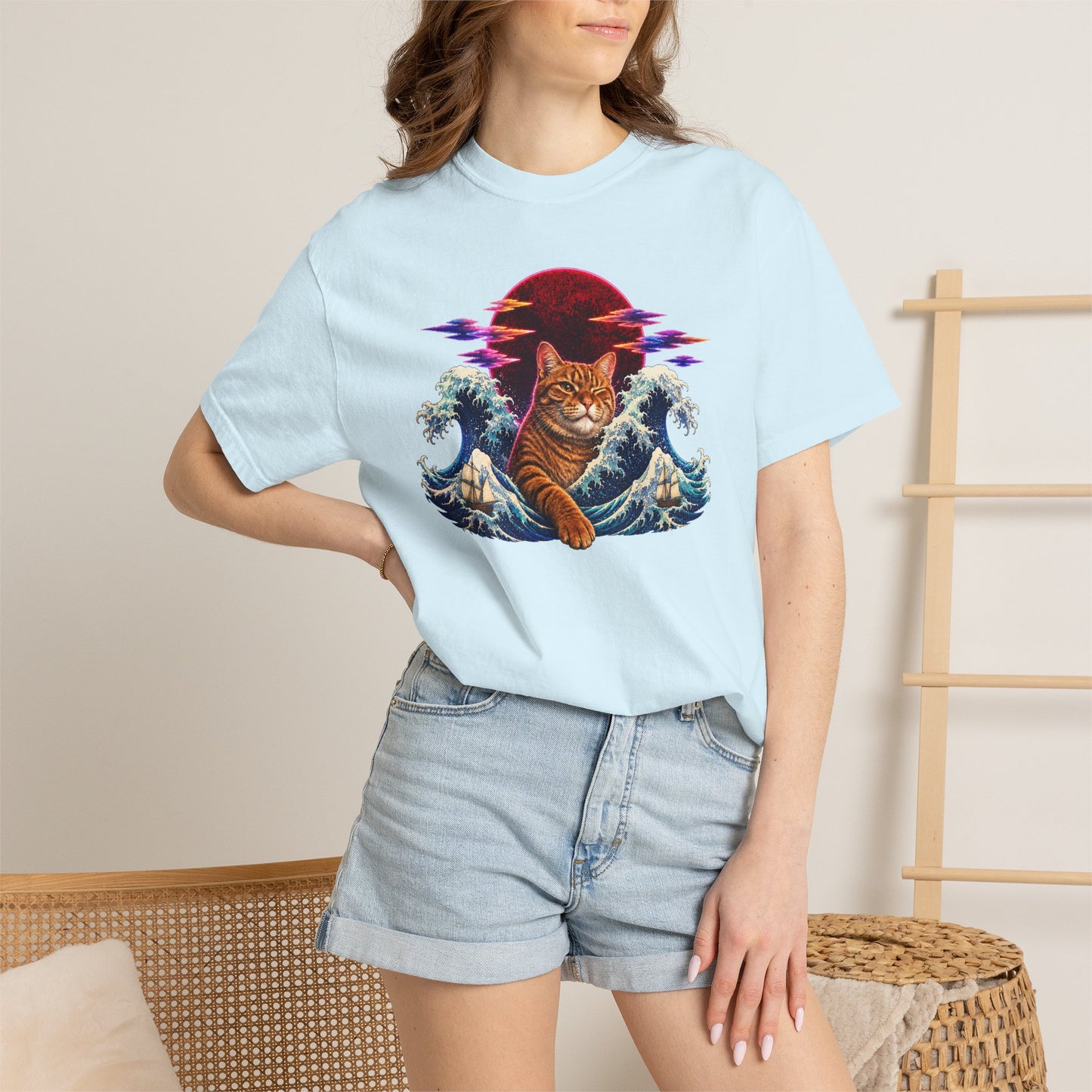 Cat Wave T-Shirt — Ginger Cat Surfing Ocean Waves with Red Sun Graphic