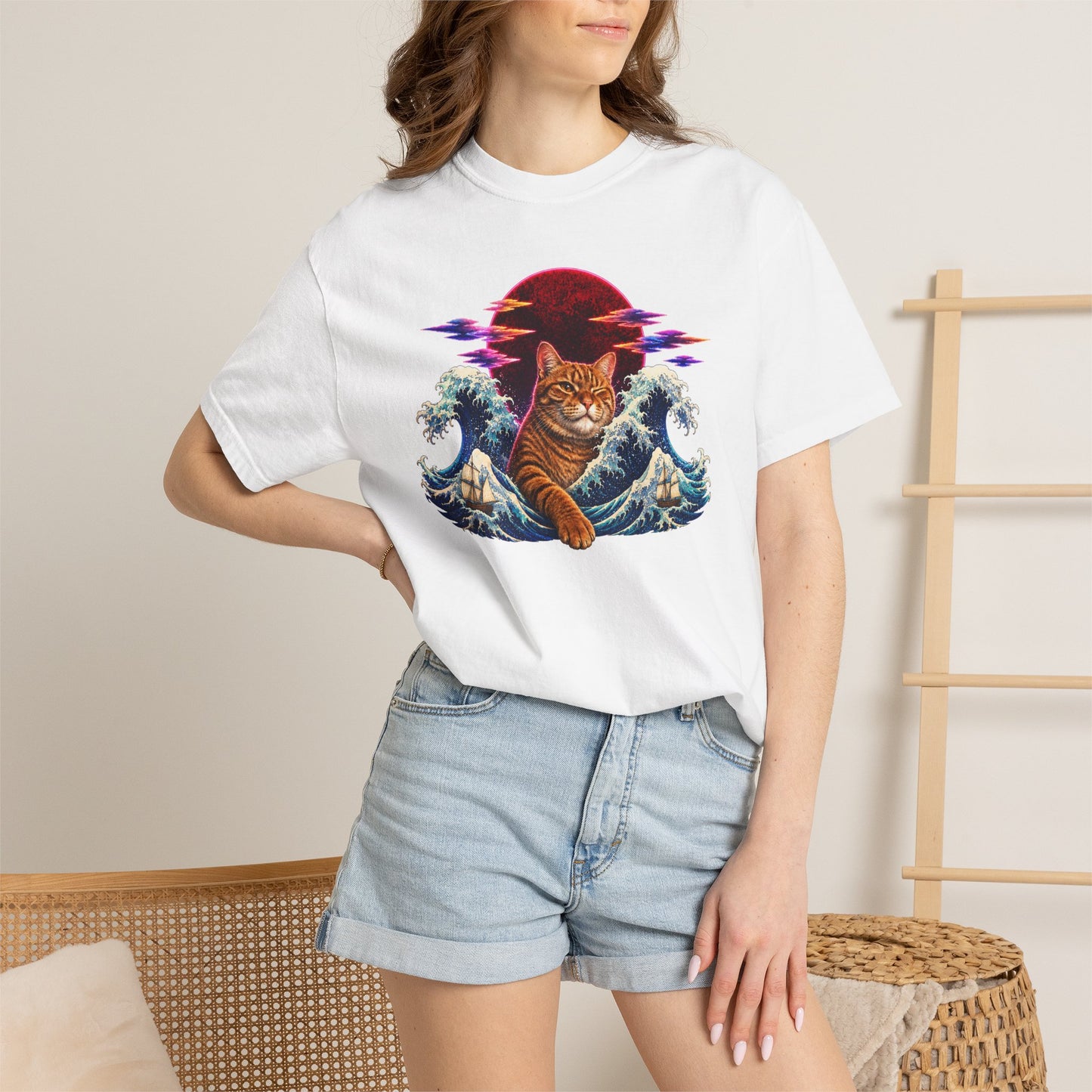 Cat Wave T-Shirt — Ginger Cat Surfing Ocean Waves with Red Sun Graphic