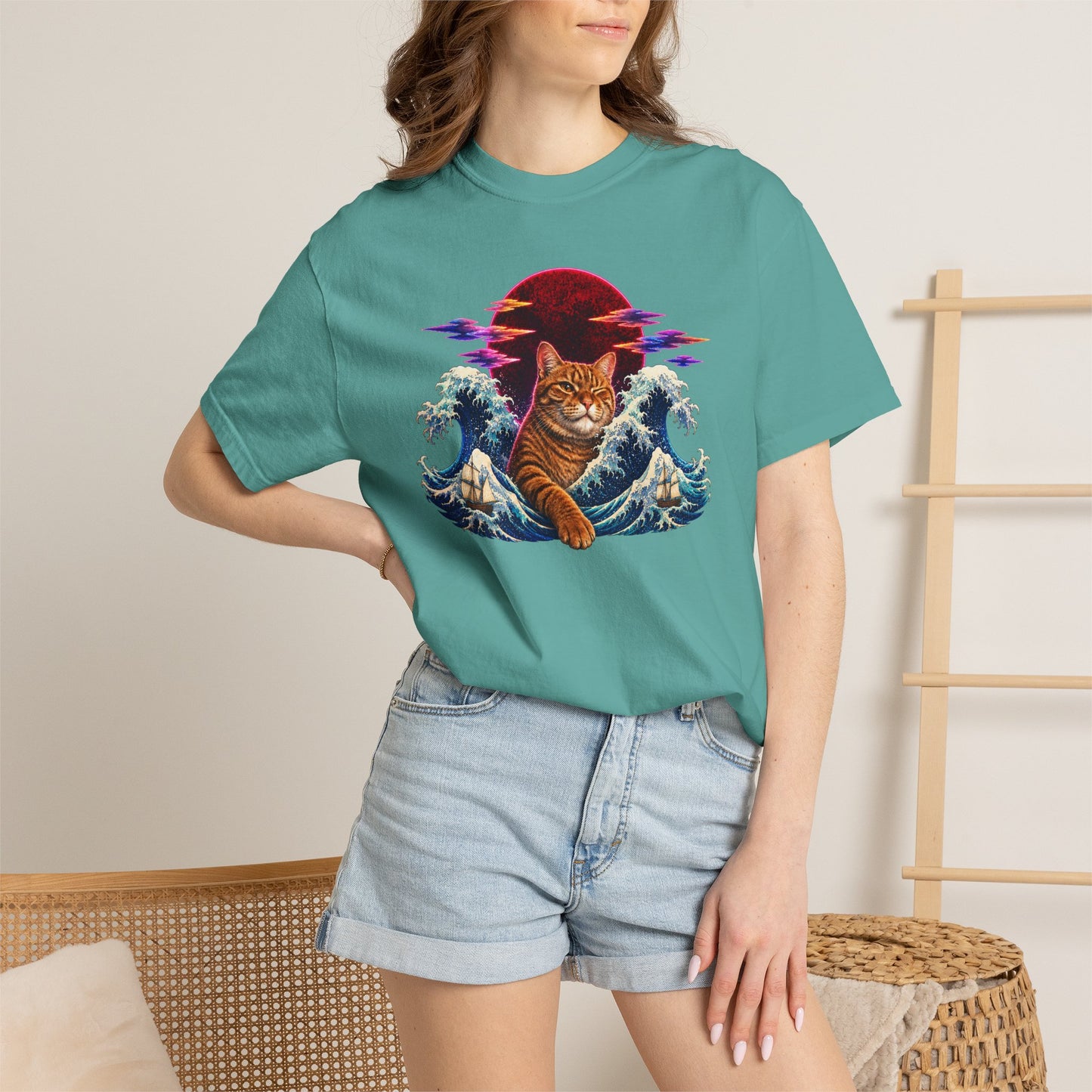 Cat Wave T-Shirt — Ginger Cat Surfing Ocean Waves with Red Sun Graphic