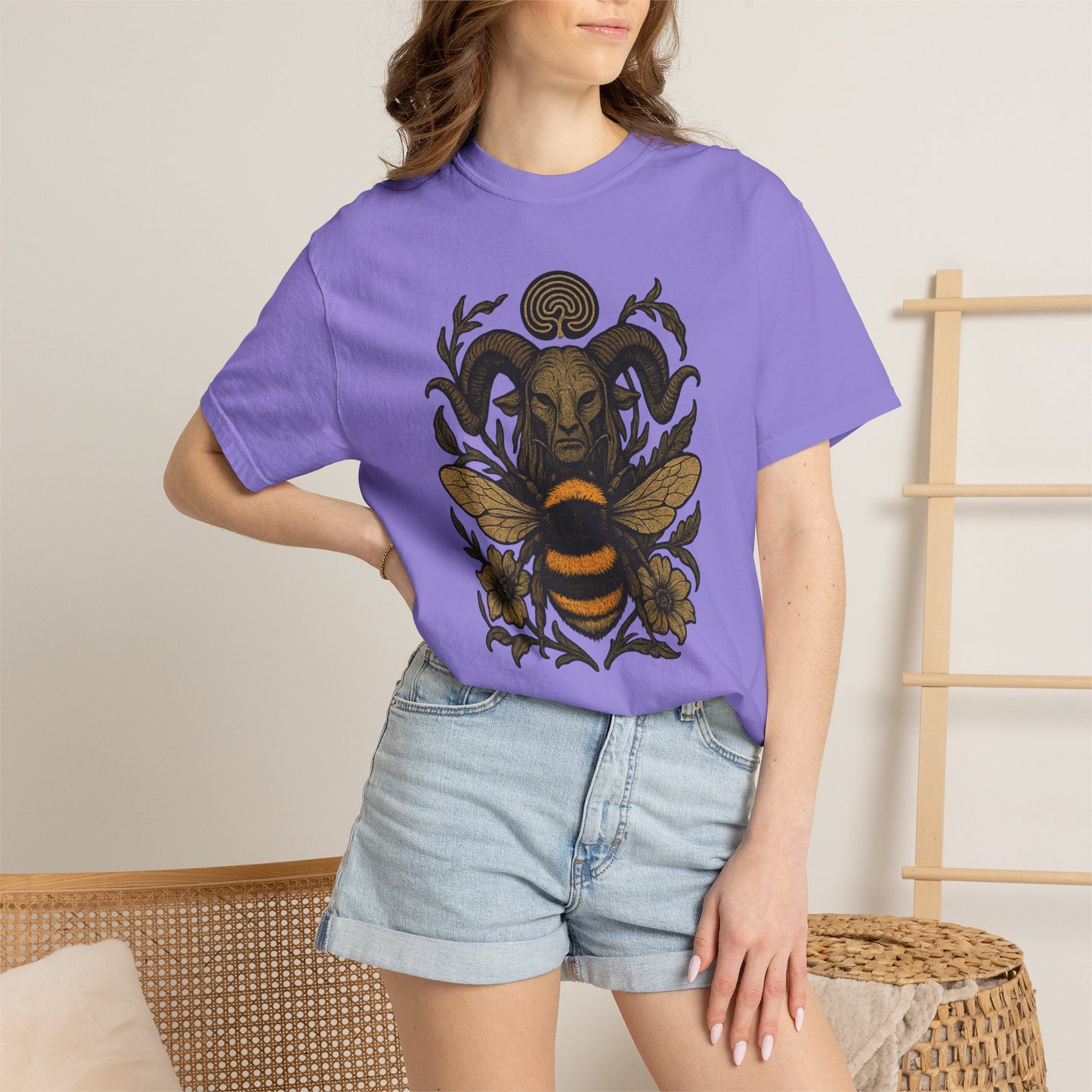 Bee & Horned Goat Graphic T-Shirt — Mystical Nature Illustration