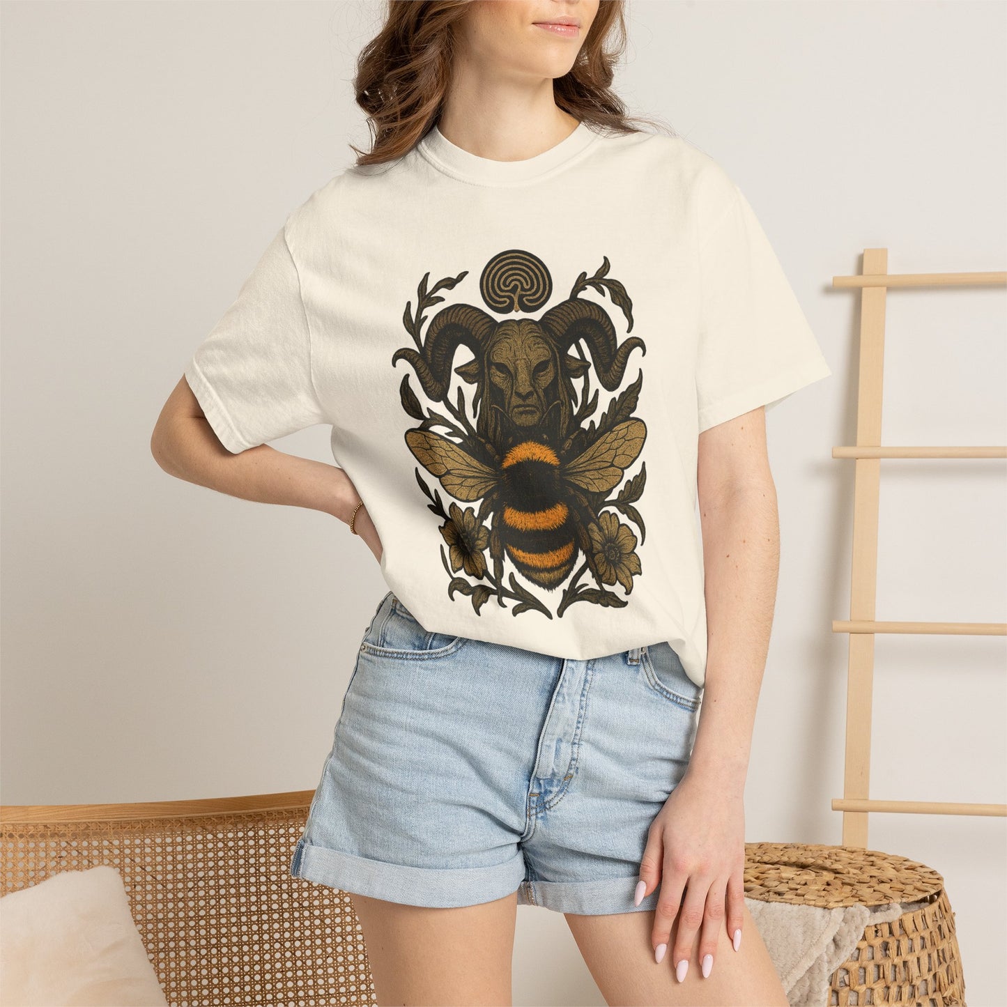 Bee & Horned Goat Graphic T-Shirt — Mystical Nature Illustration