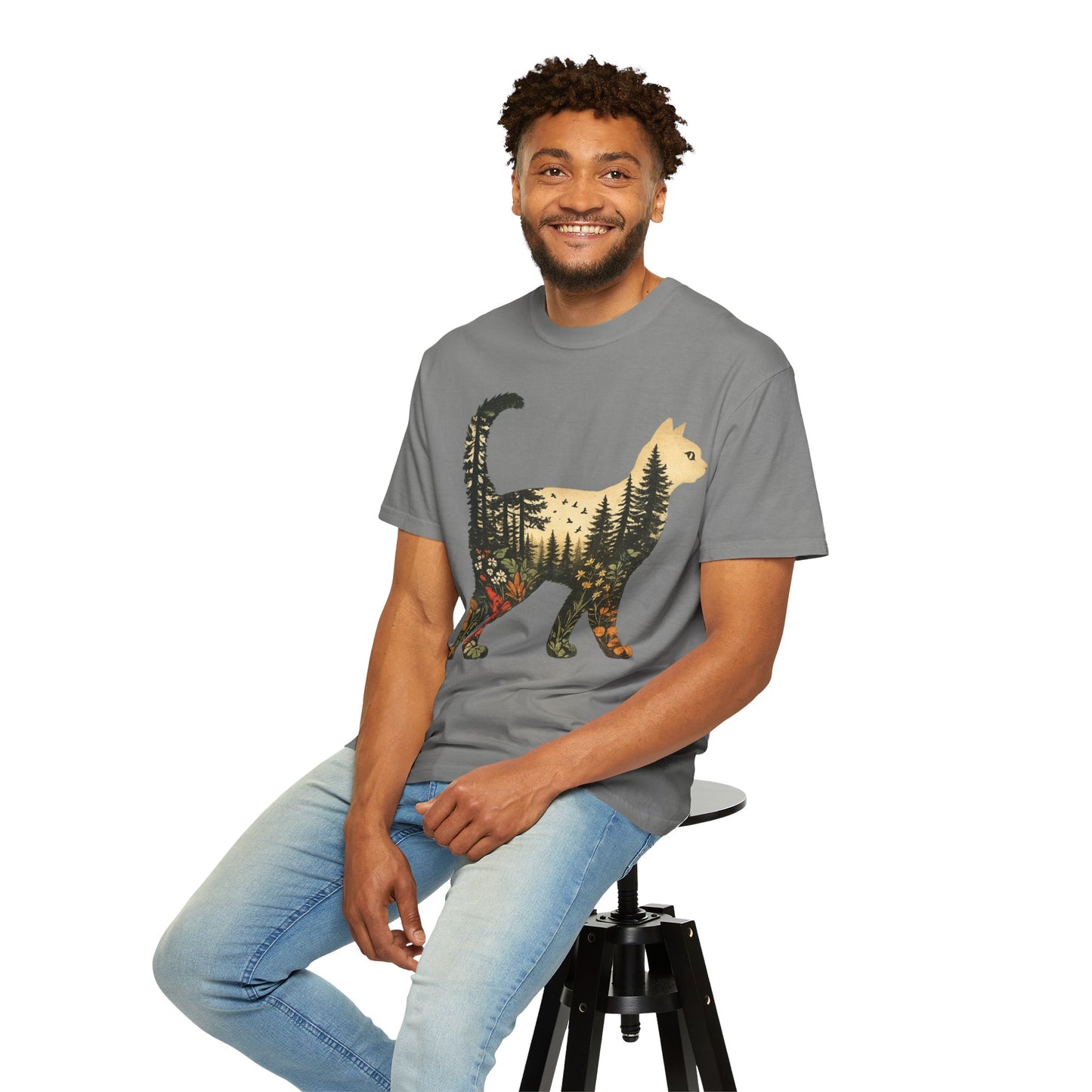 Cat Silhouette Tee — Forest Landscape Double Exposure Shirt