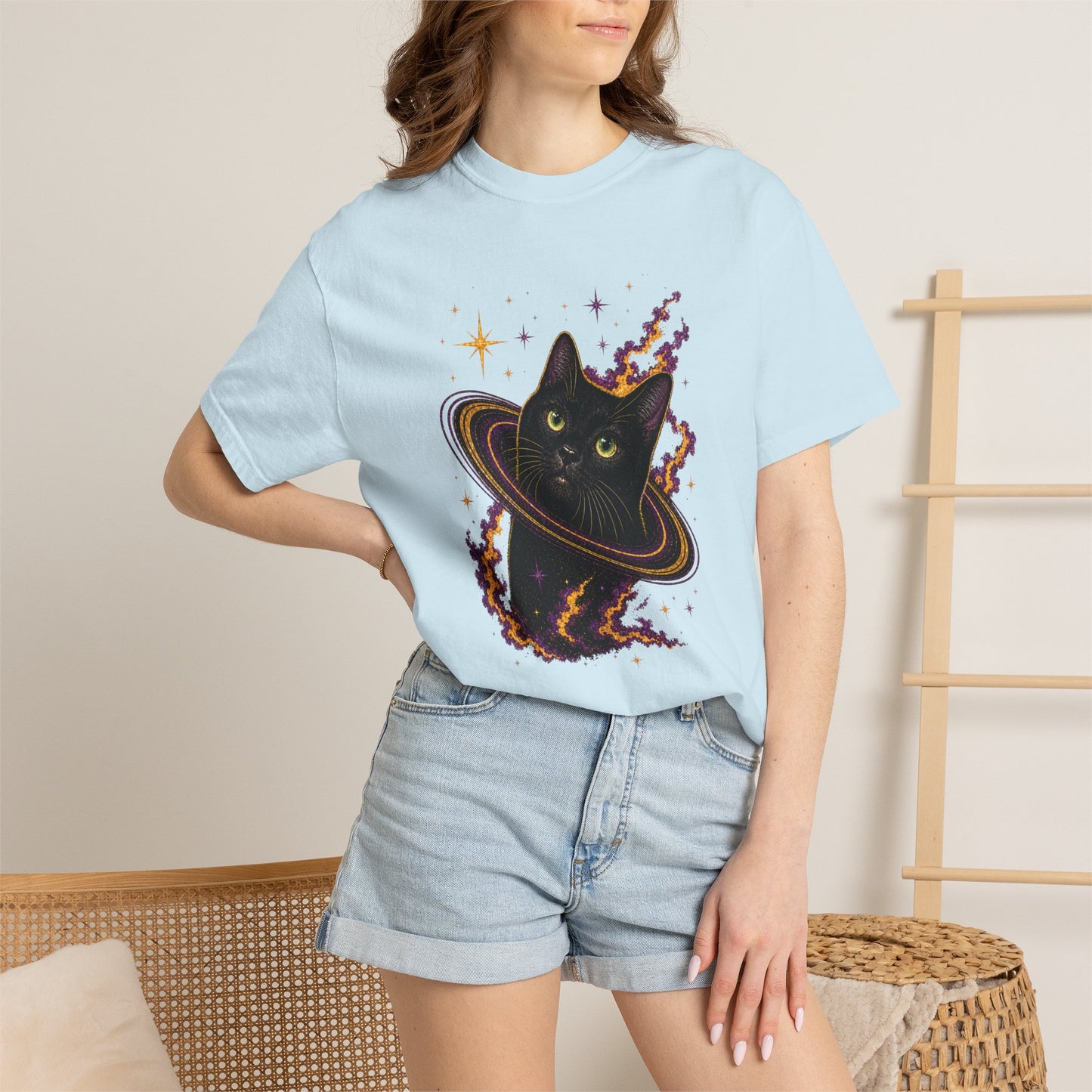 Cosmic Cat T-Shirt — Black Cat Saturn Galaxy Tee