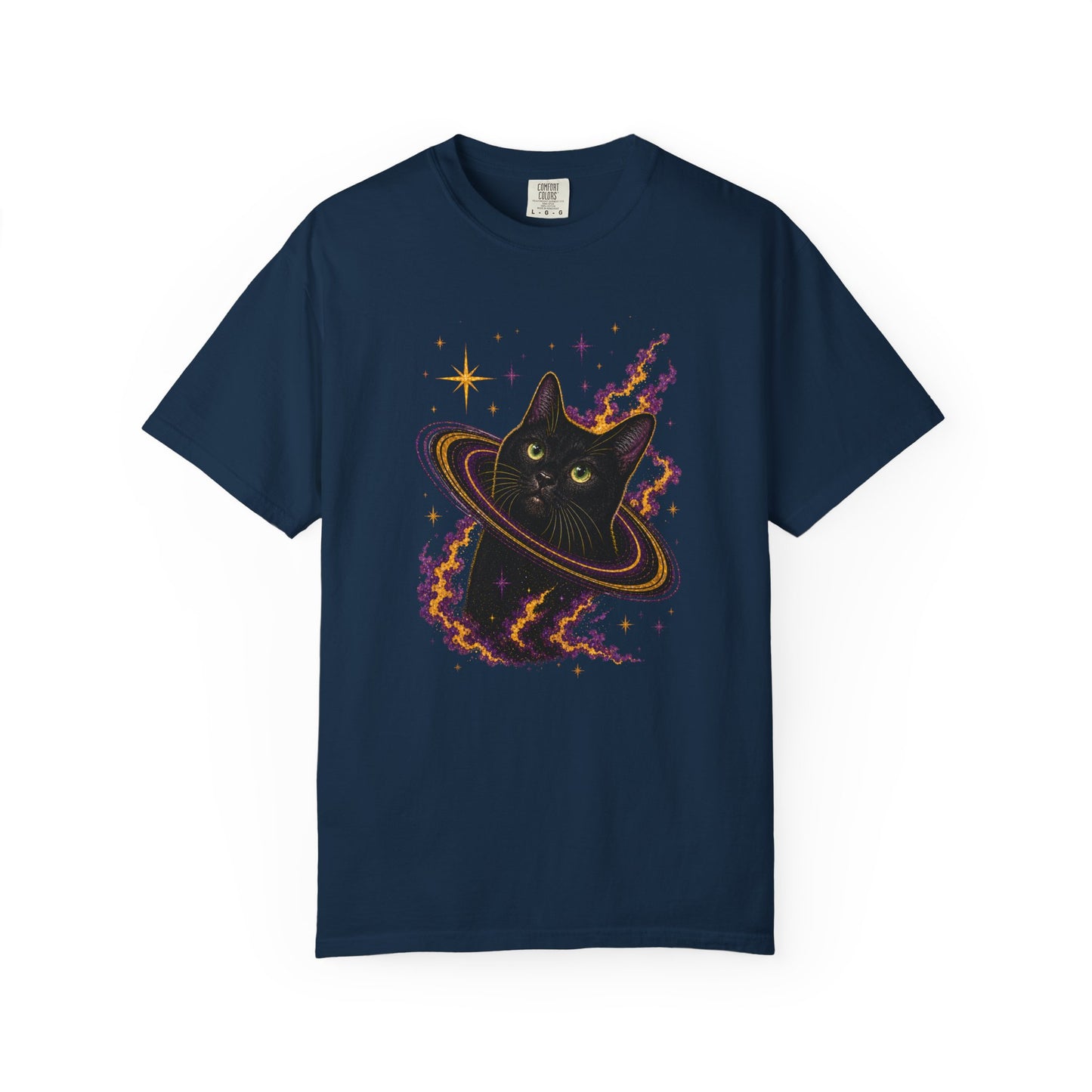 Cosmic Cat T-Shirt — Black Cat Saturn Galaxy Tee