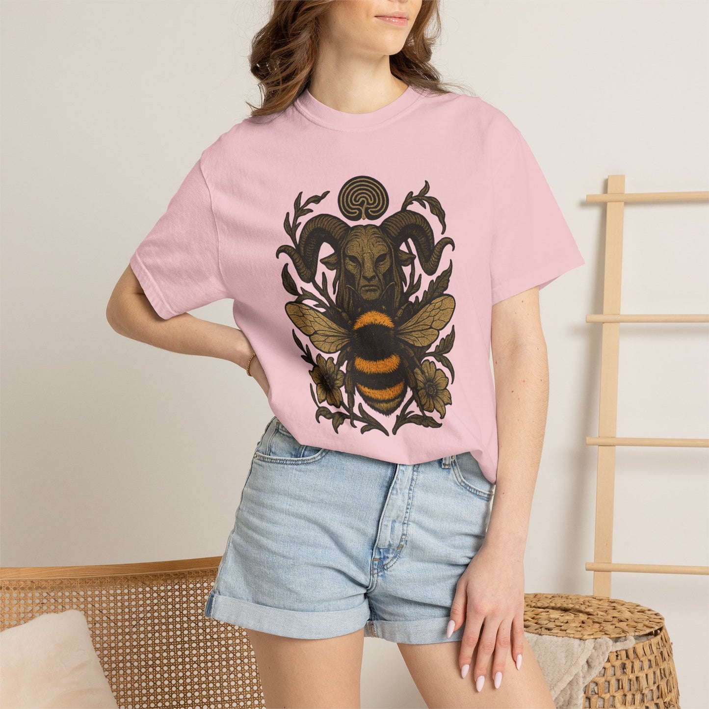 Bee & Horned Goat Graphic T-Shirt — Mystical Nature Illustration