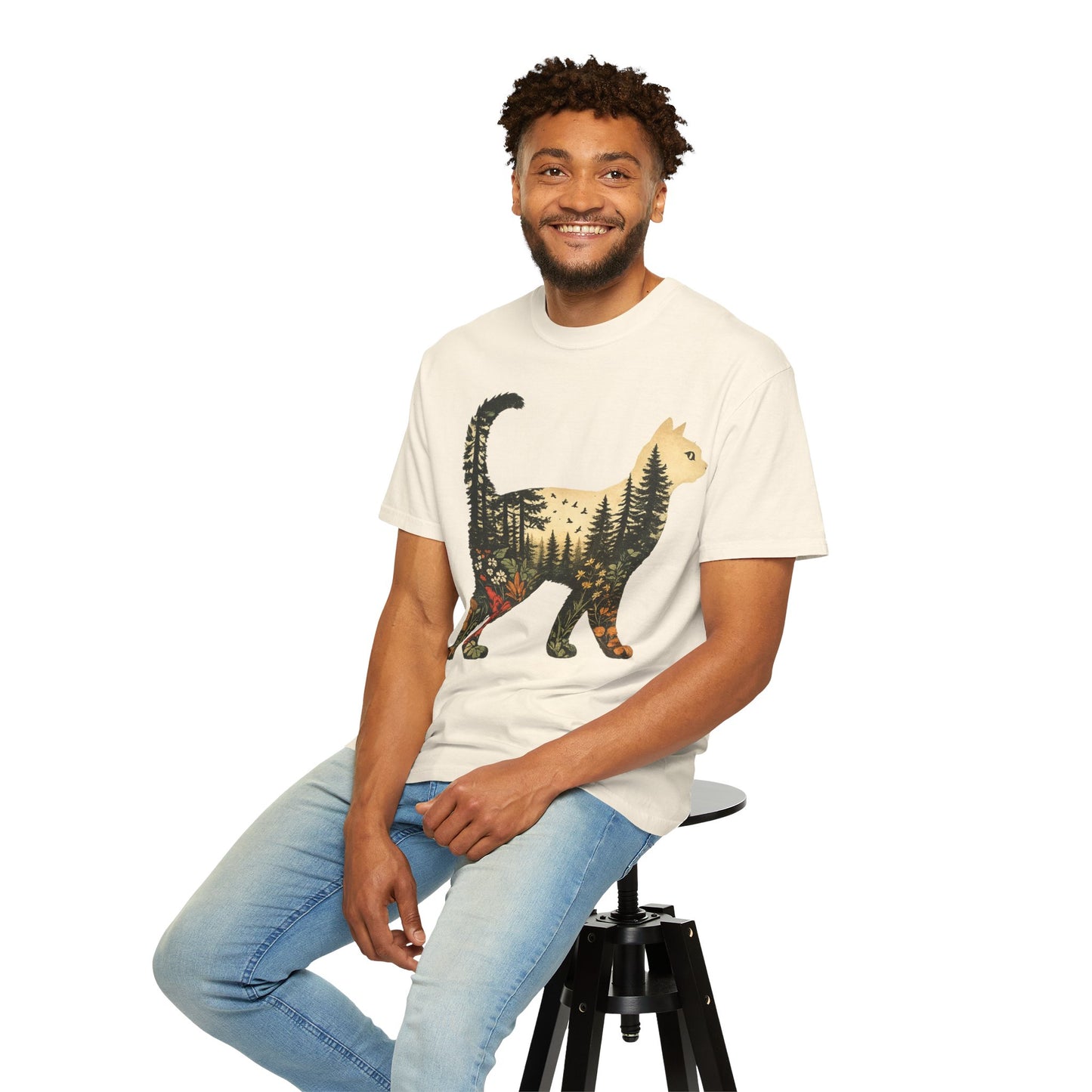 Cat Silhouette Tee — Forest Landscape Double Exposure Shirt
