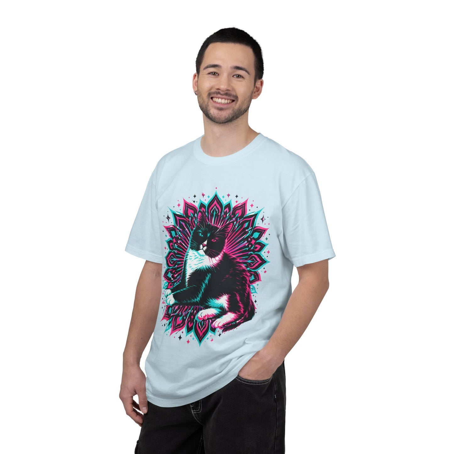 Vintage 3D Tuxedo Cat T-Shirt — Retro Neon Cat Graphic Tee