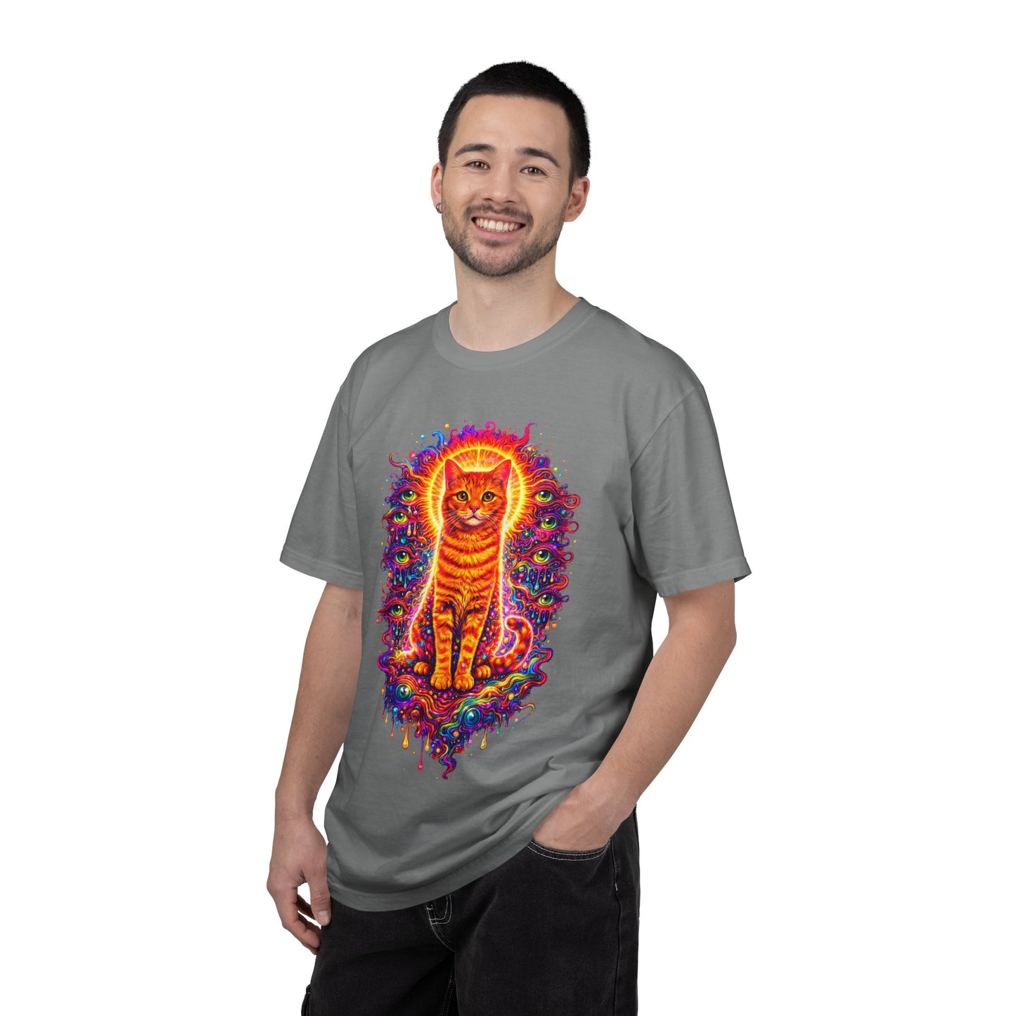 Psychedelic Orange Tabby Cat T‑Shirt — Vibrant Cosmic Pet Art Tee