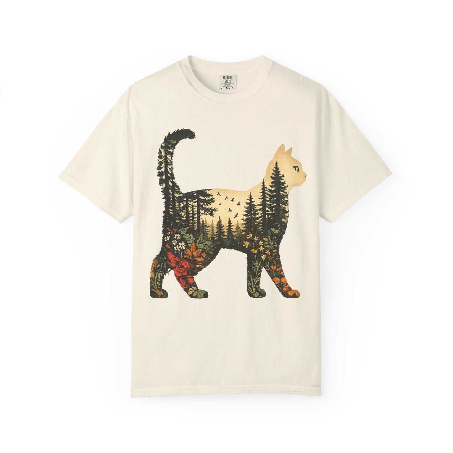 Cat Silhouette Tee — Forest Landscape Double Exposure Shirt