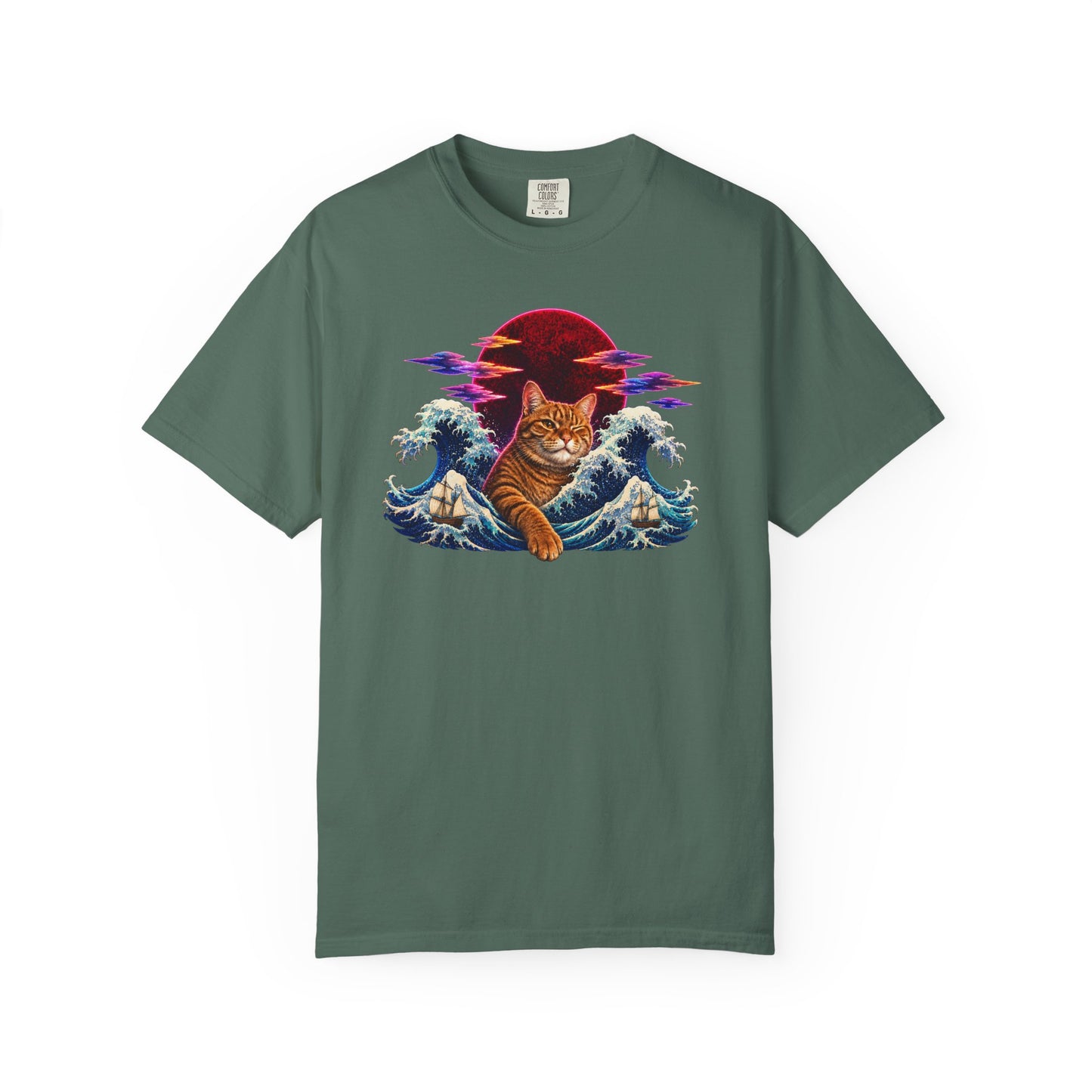 Cat Wave T-Shirt — Ginger Cat Surfing Ocean Waves with Red Sun Graphic