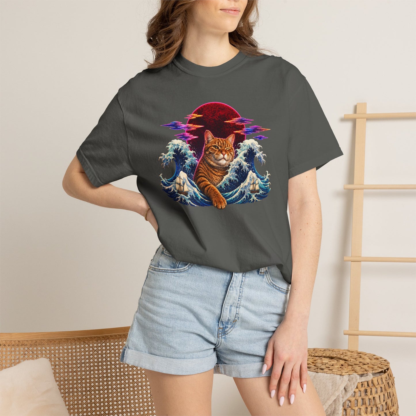 Cat Wave T-Shirt — Ginger Cat Surfing Ocean Waves with Red Sun Graphic