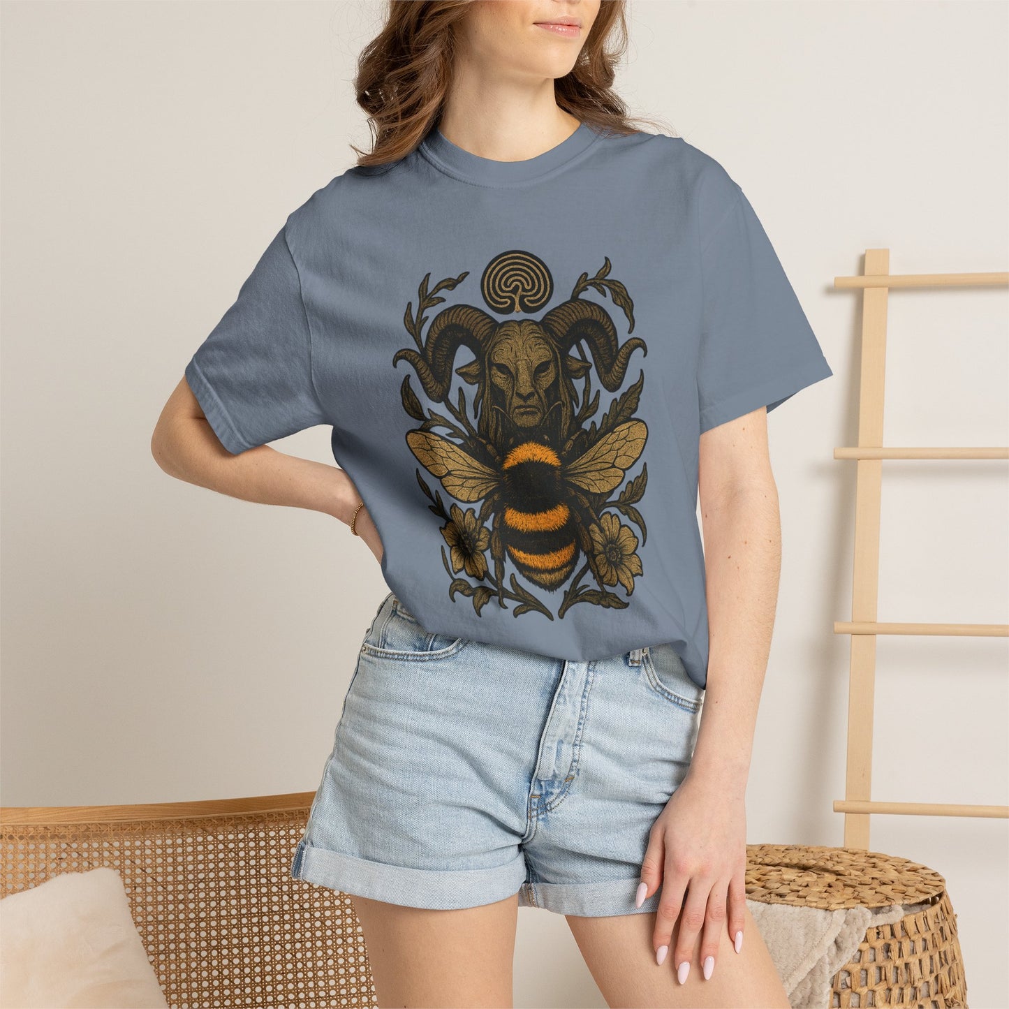 Bee & Horned Goat Graphic T-Shirt — Mystical Nature Illustration