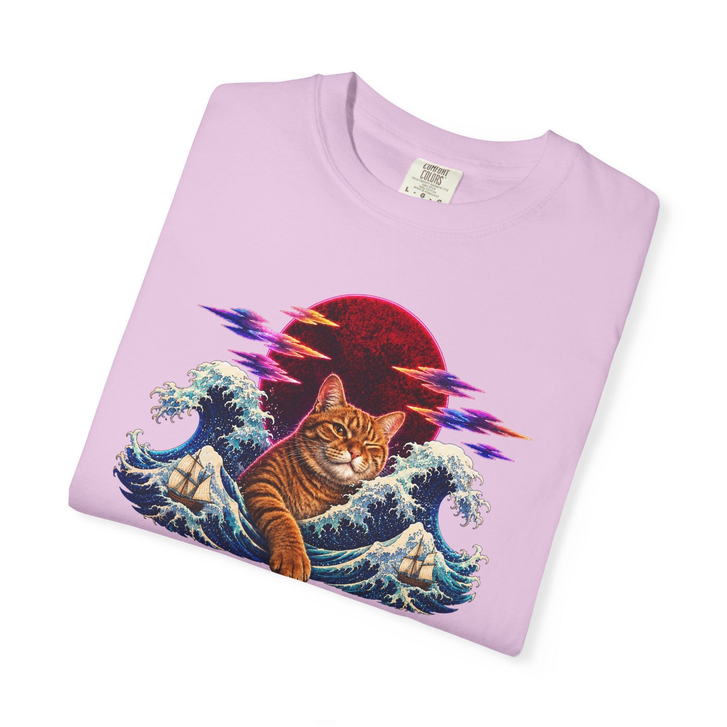 Cat Wave T-Shirt — Ginger Cat Surfing Ocean Waves with Red Sun Graphic