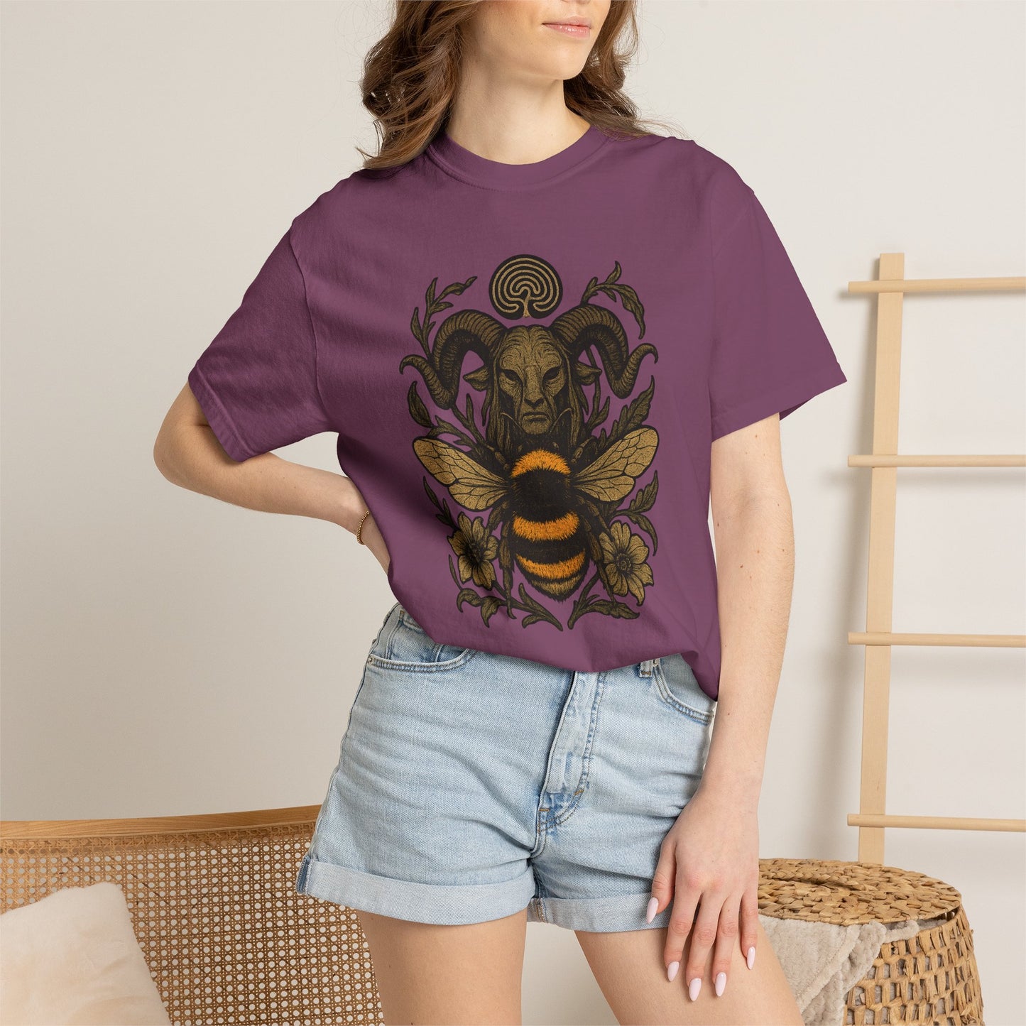 Bee & Horned Goat Graphic T-Shirt — Mystical Nature Illustration