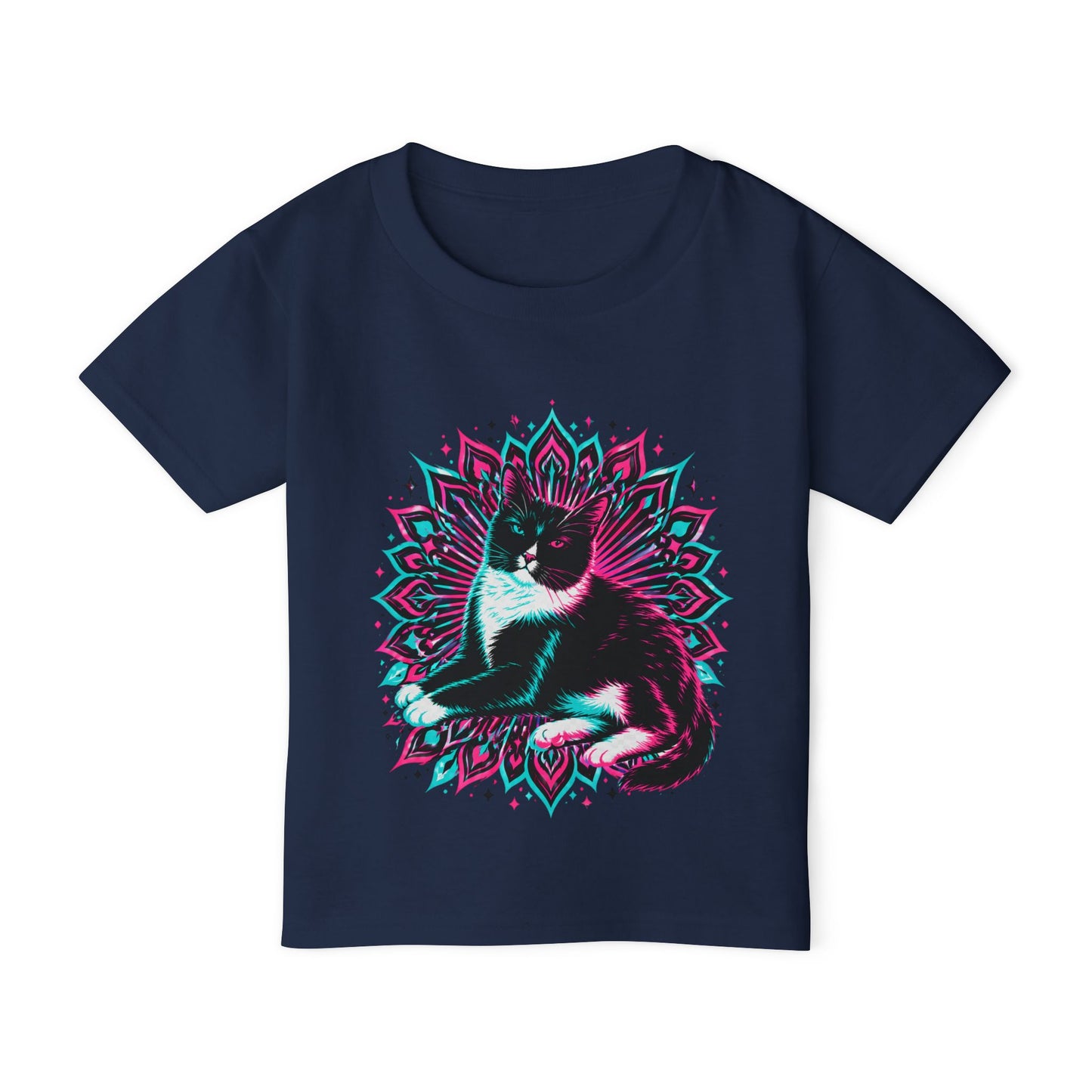 Toddler T‑Shirt — Retro Neon Cat on Mandala Graphic