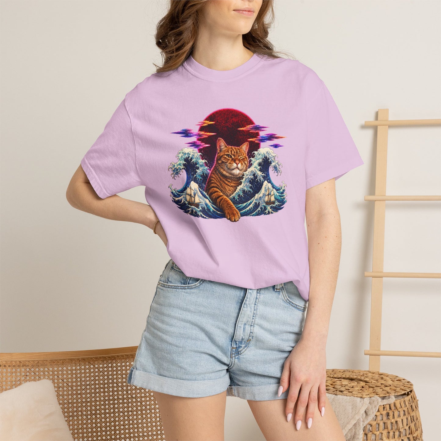 Cat Wave T-Shirt — Ginger Cat Surfing Ocean Waves with Red Sun Graphic