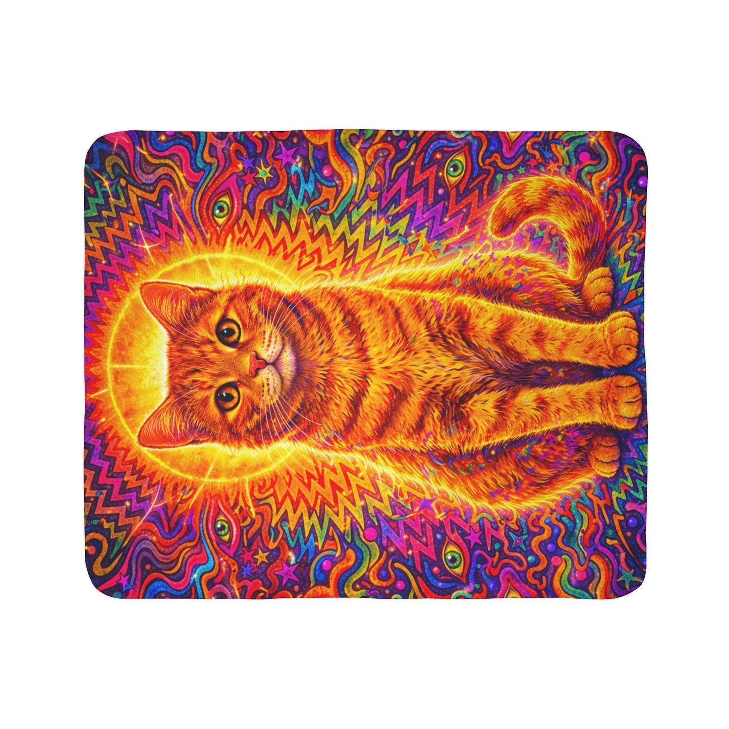Psychedelic Sun Cat Sherpa Blanket — Vibrant Orange Tabby Fleece Throw