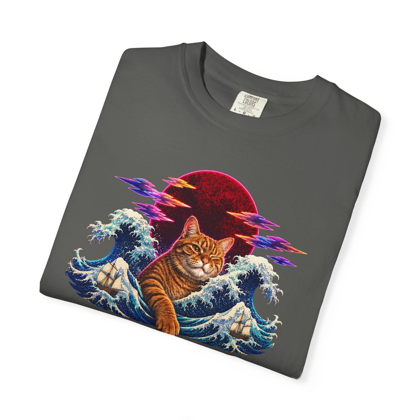 Cat Wave T-Shirt — Ginger Cat Surfing Ocean Waves with Red Sun Graphic