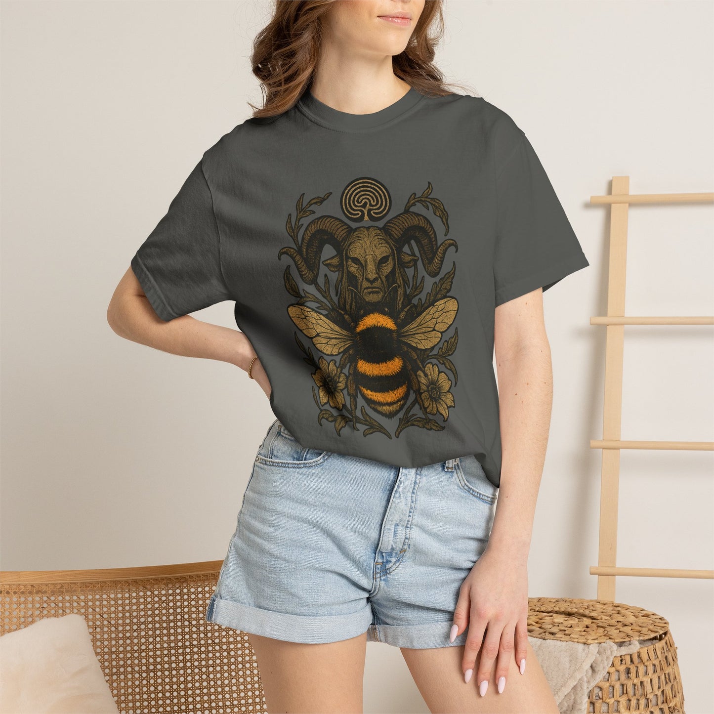 Bee & Horned Goat Graphic T-Shirt — Mystical Nature Illustration