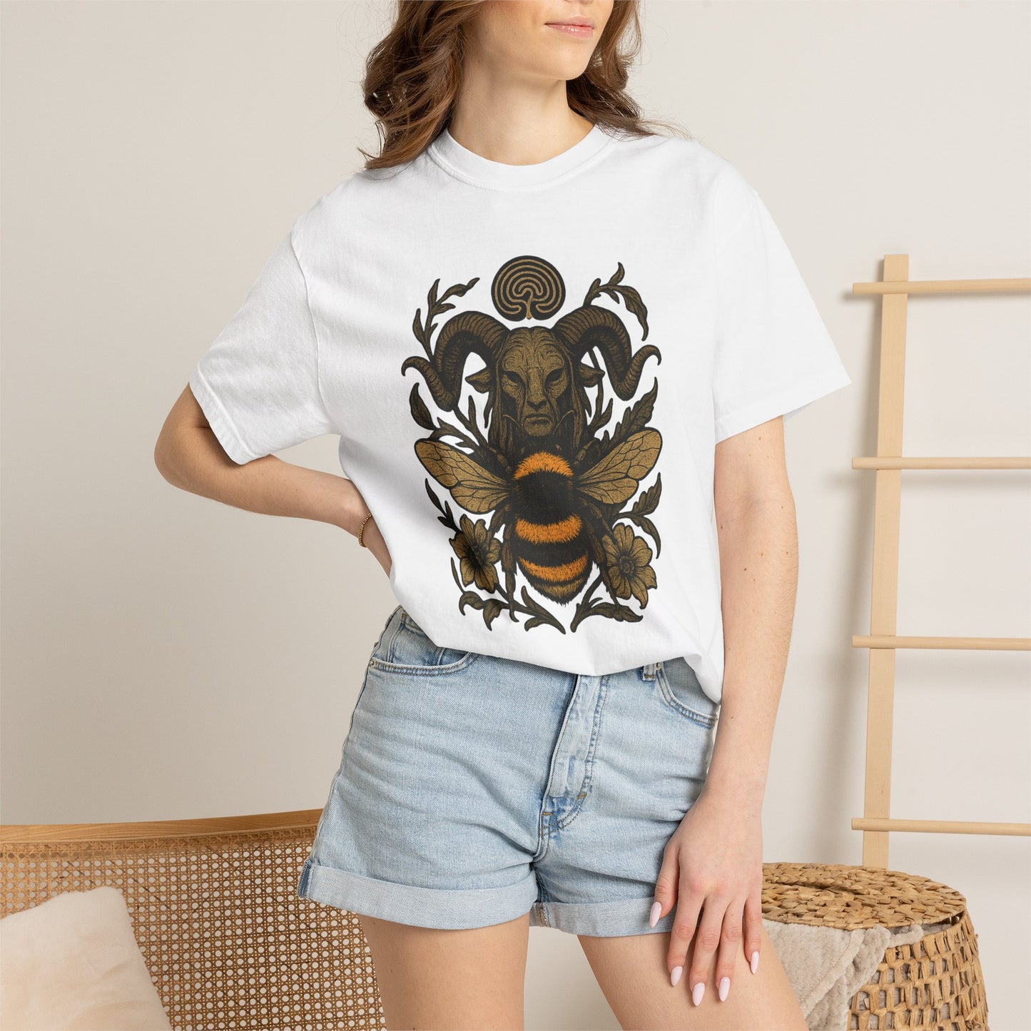 Bee & Horned Goat Graphic T-Shirt — Mystical Nature Illustration