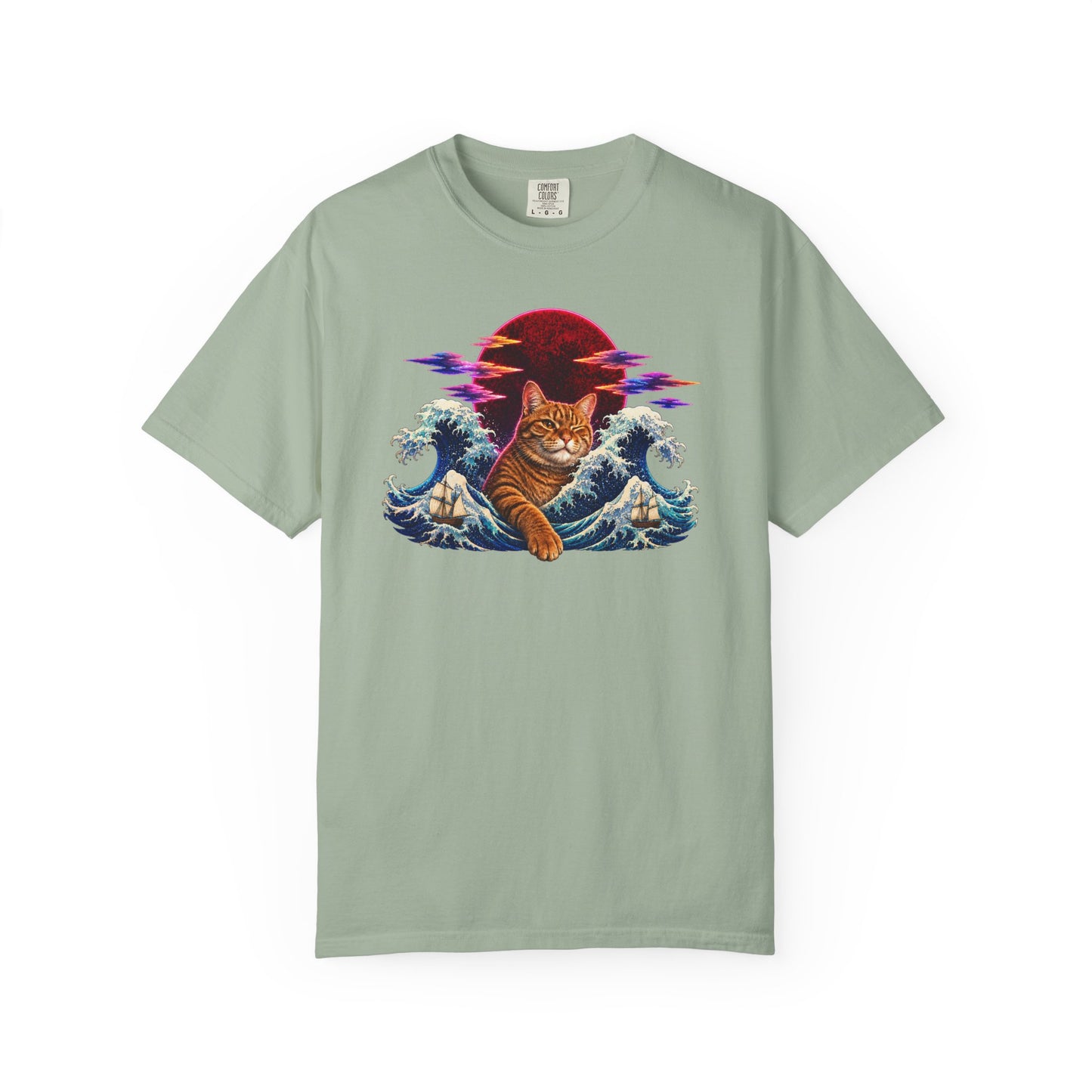 Cat Wave T-Shirt — Ginger Cat Surfing Ocean Waves with Red Sun Graphic