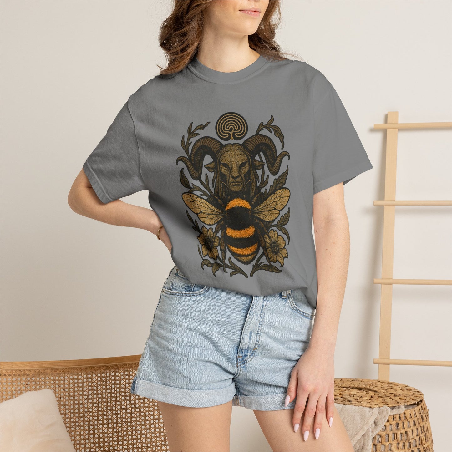 Bee & Horned Goat Graphic T-Shirt — Mystical Nature Illustration