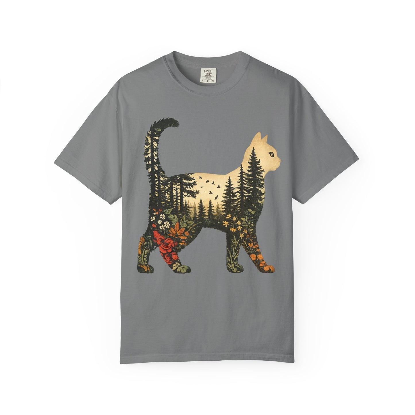 Cat Silhouette Tee — Forest Landscape Double Exposure Shirt