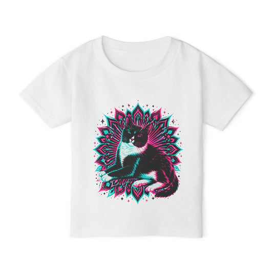 Toddler T‑Shirt — Retro Neon Cat on Mandala Graphic