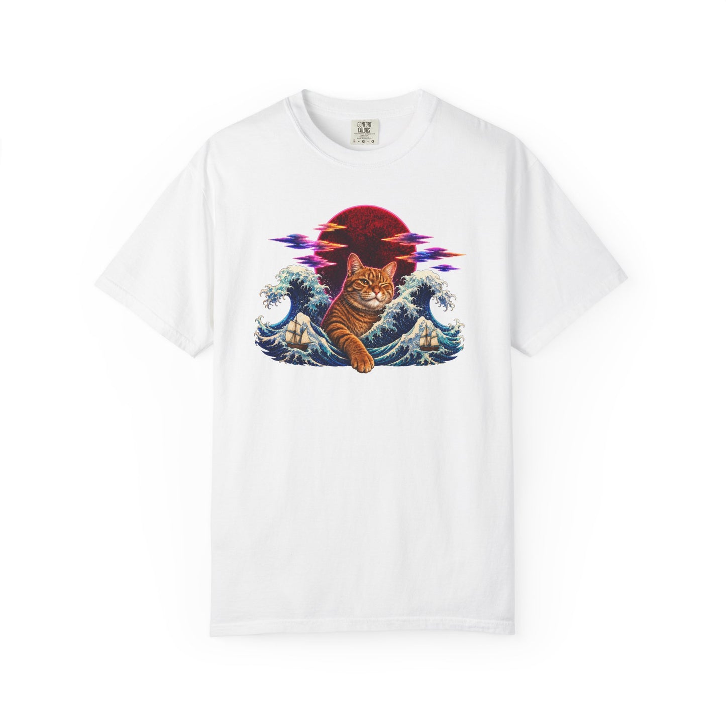 Cat Wave T-Shirt — Ginger Cat Surfing Ocean Waves with Red Sun Graphic