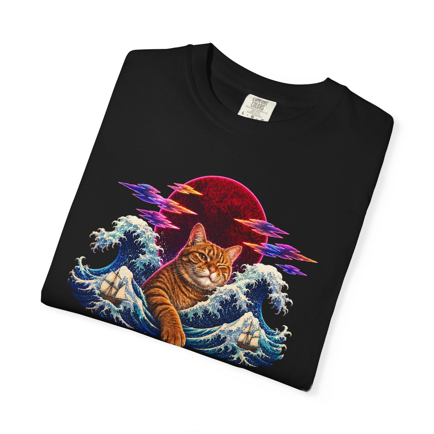 Cat Wave T-Shirt — Ginger Cat Surfing Ocean Waves with Red Sun Graphic