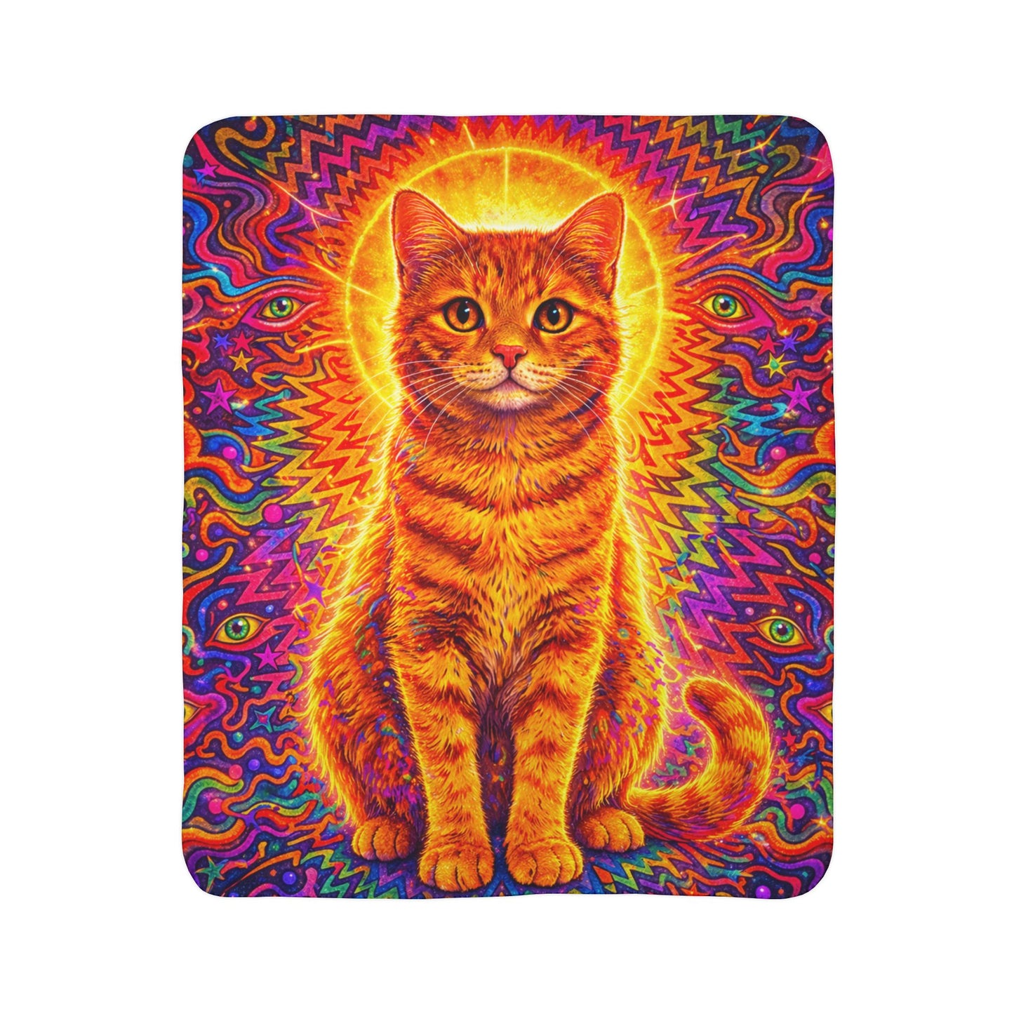 Psychedelic Sun Cat Sherpa Blanket — Vibrant Orange Tabby Fleece Throw