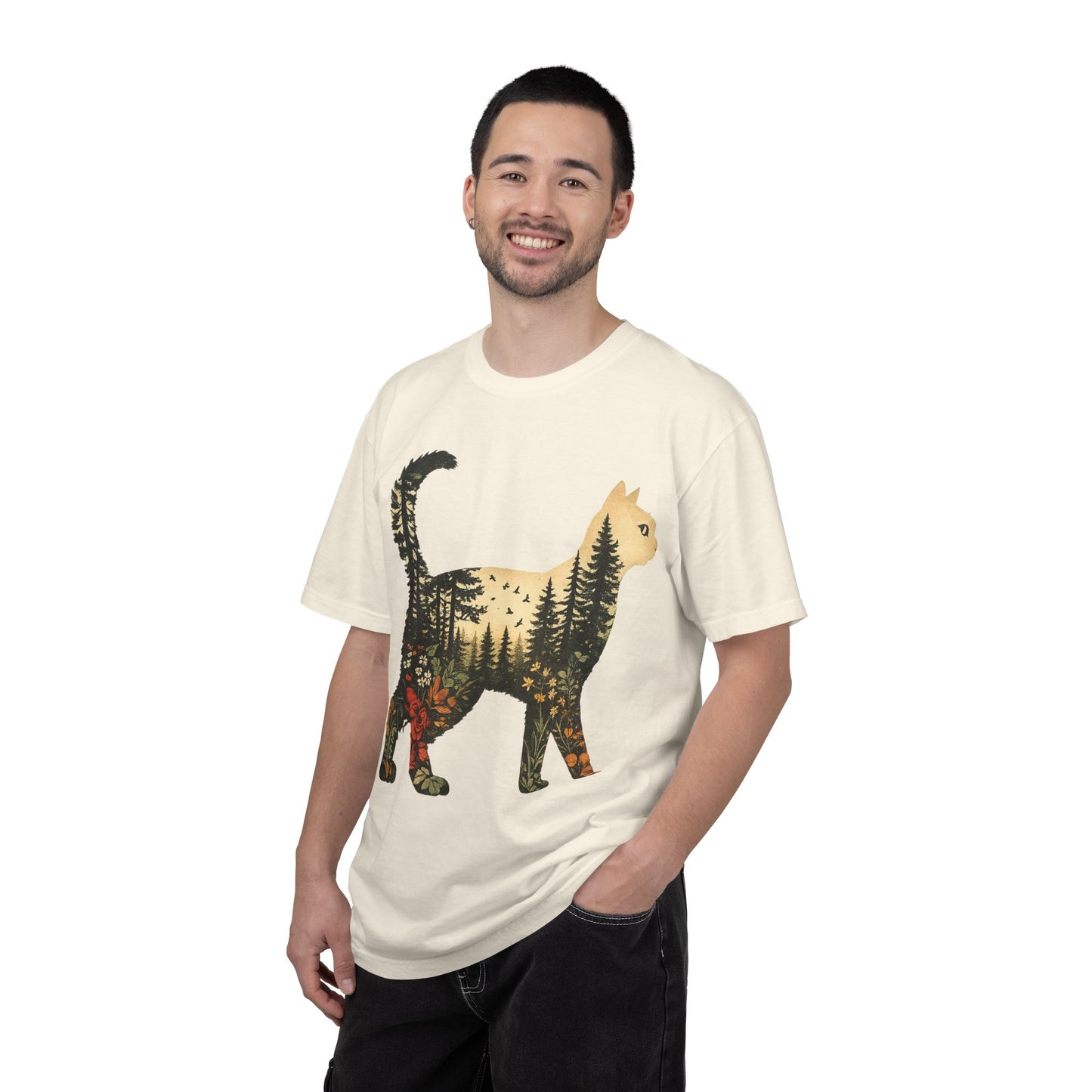 Cat Silhouette Tee — Forest Landscape Double Exposure Shirt
