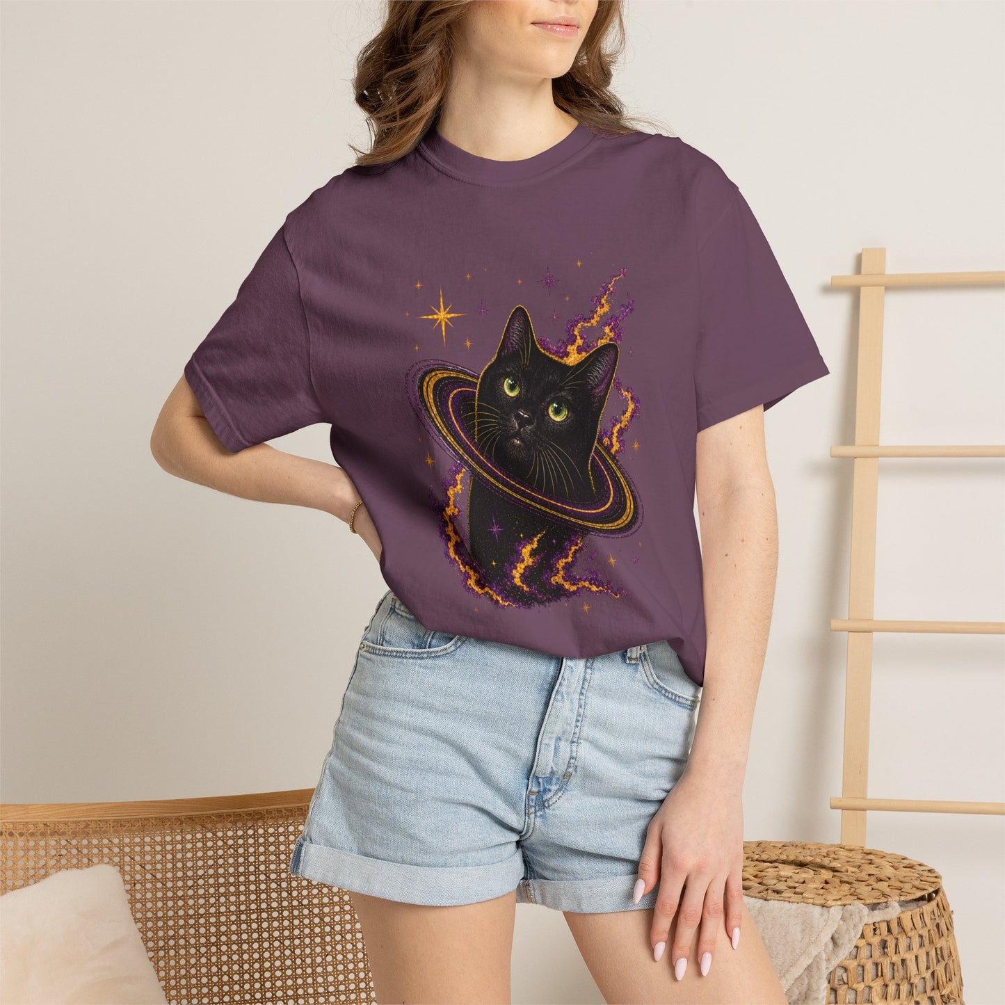 Cosmic Cat T-Shirt — Black Cat Saturn Galaxy Tee
