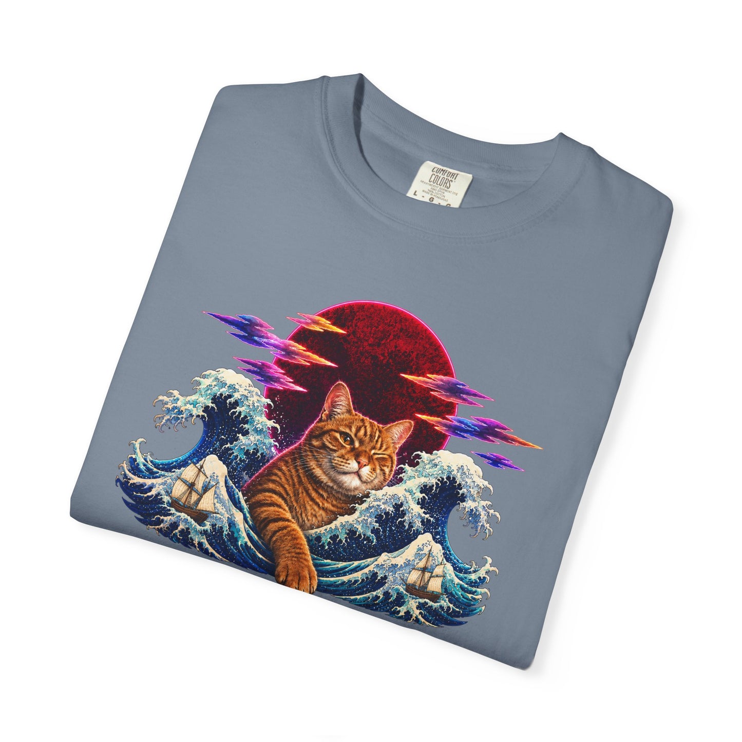 Cat Wave T-Shirt — Ginger Cat Surfing Ocean Waves with Red Sun Graphic