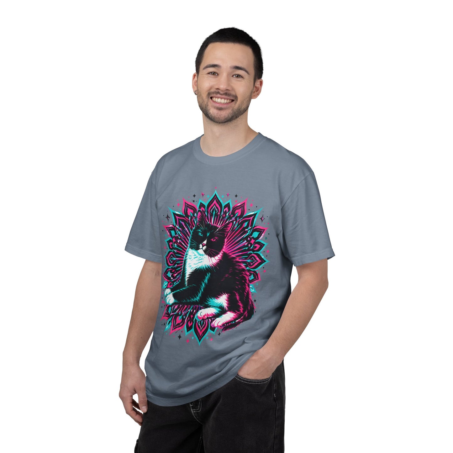 Vintage 3D Tuxedo Cat T-Shirt — Retro Neon Cat Graphic Tee