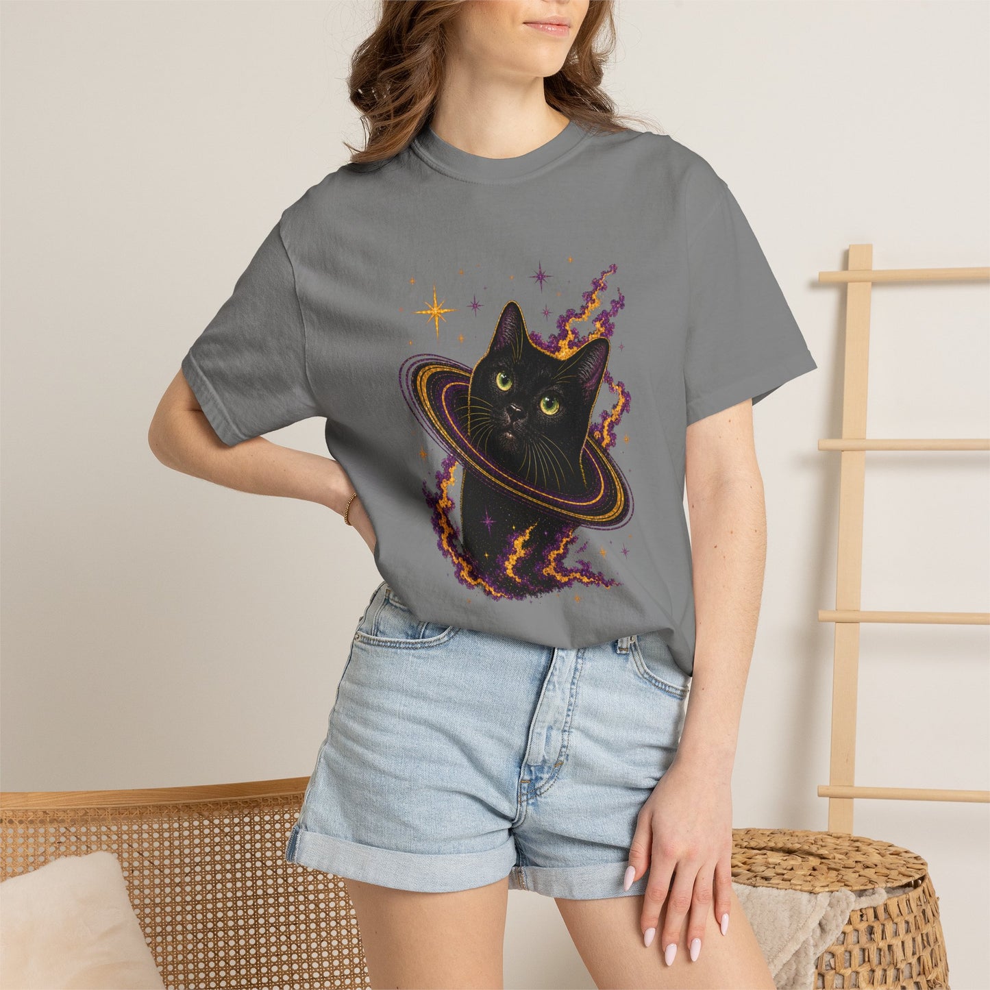 Cosmic Cat T-Shirt — Black Cat Saturn Galaxy Tee