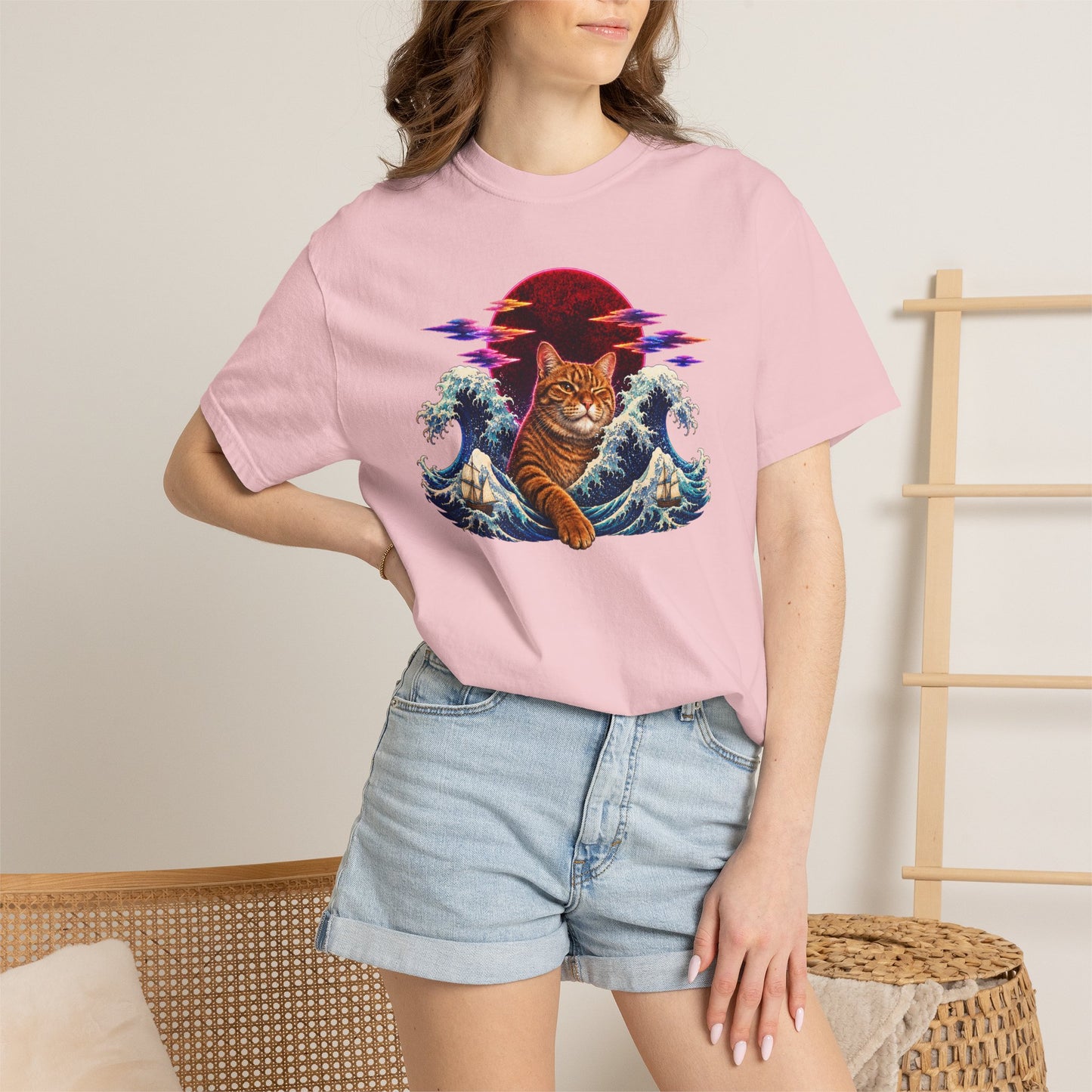 Cat Wave T-Shirt — Ginger Cat Surfing Ocean Waves with Red Sun Graphic