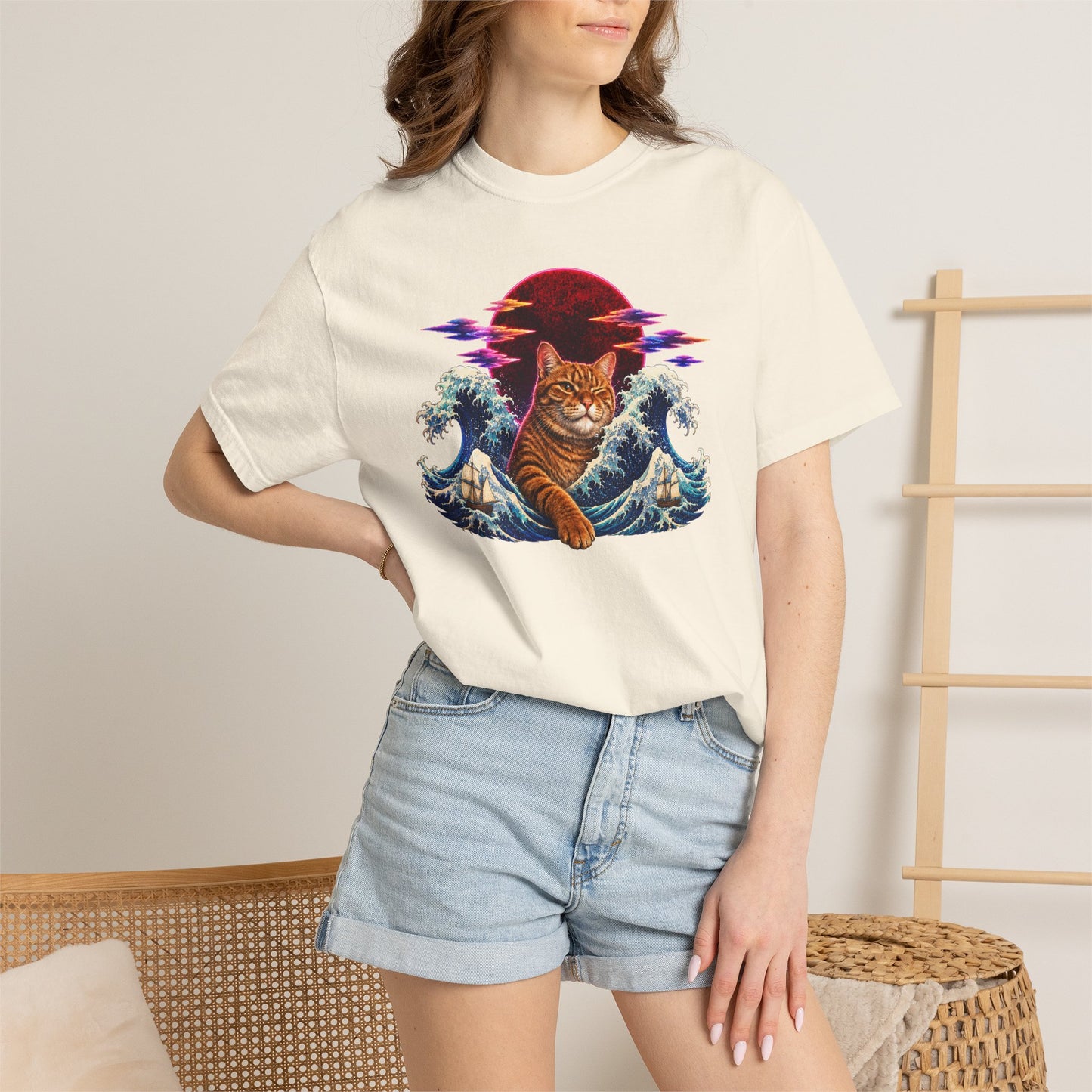 Cat Wave T-Shirt — Ginger Cat Surfing Ocean Waves with Red Sun Graphic