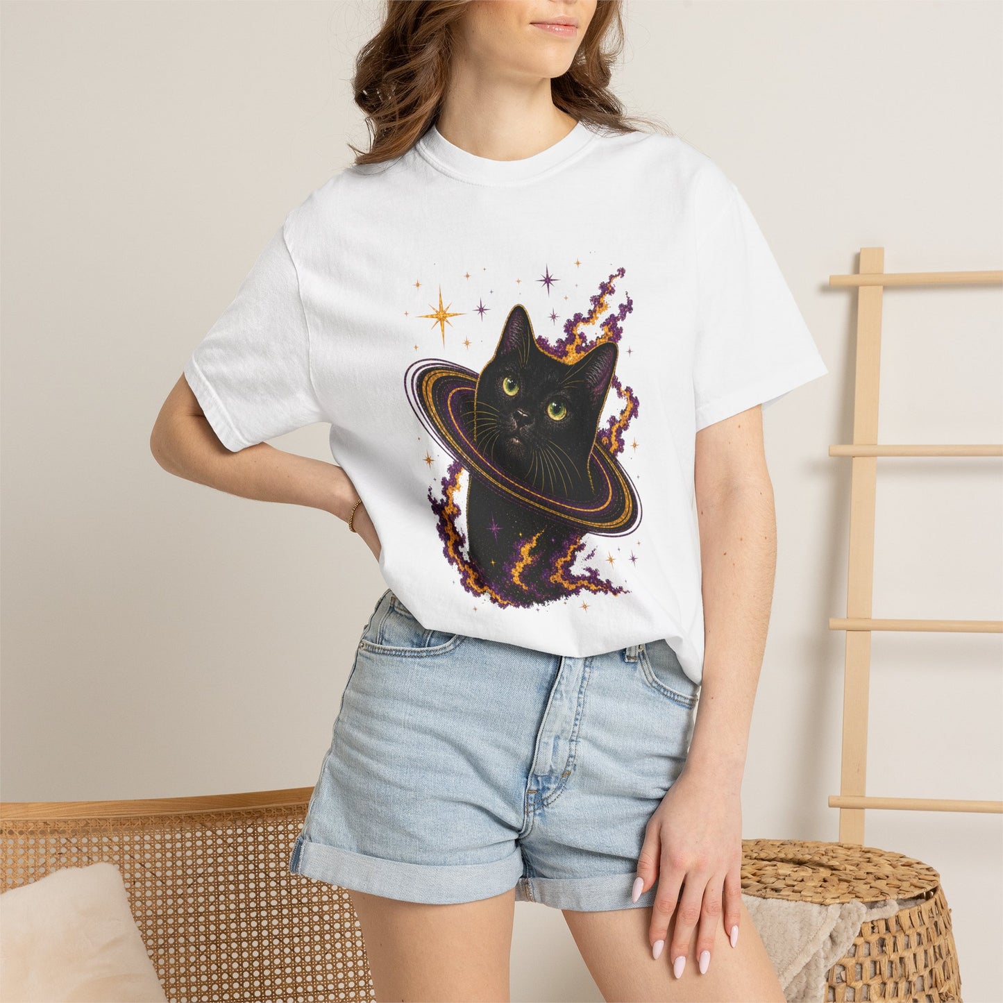 Cosmic Cat T-Shirt — Black Cat Saturn Galaxy Tee