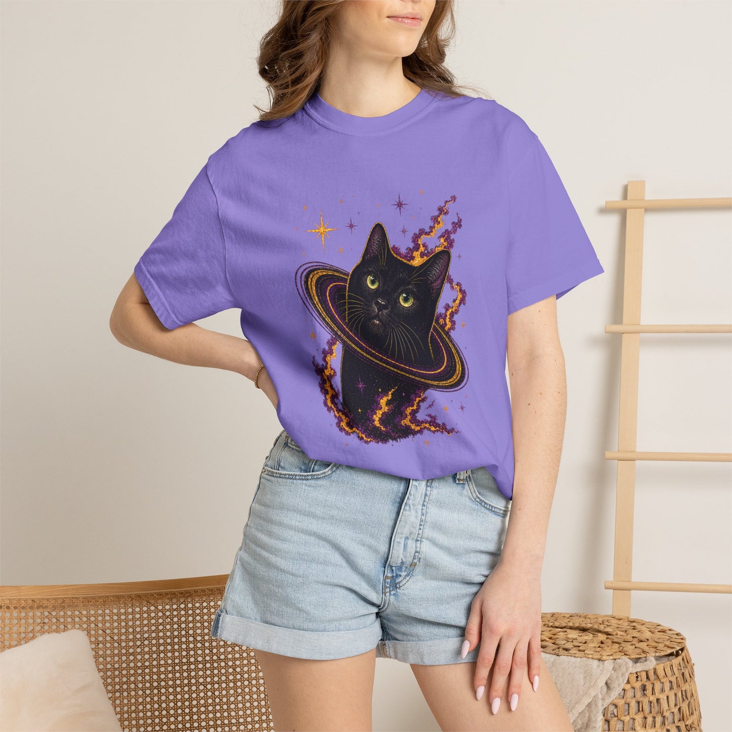 Cosmic Cat T-Shirt — Black Cat Saturn Galaxy Tee