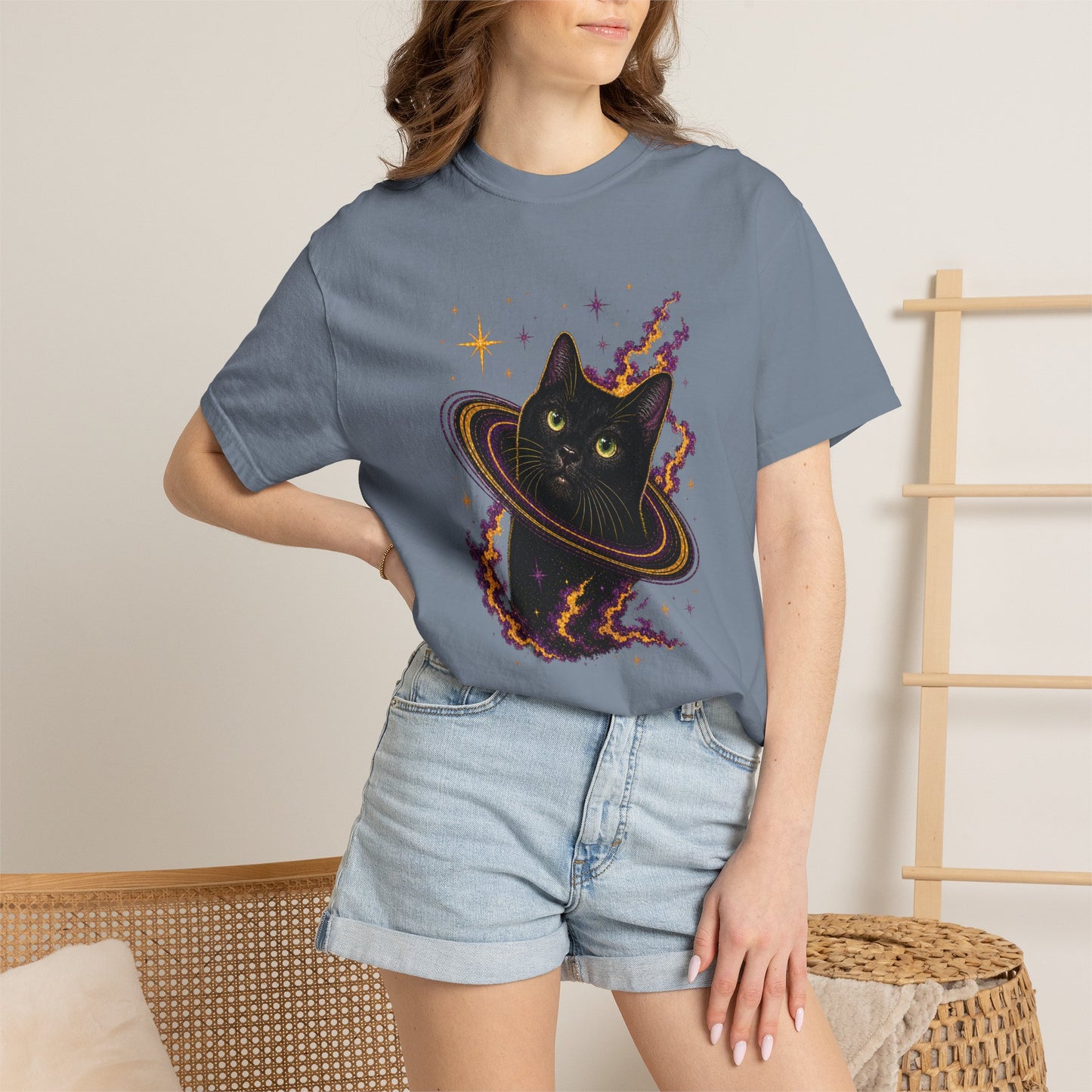 Cosmic Cat T-Shirt — Black Cat Saturn Galaxy Tee