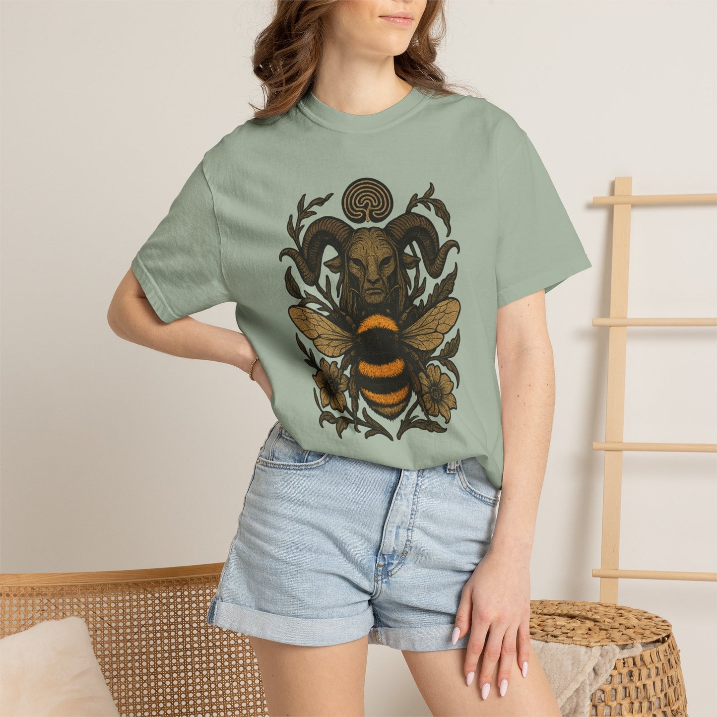 Bee & Horned Goat Graphic T-Shirt — Mystical Nature Illustration