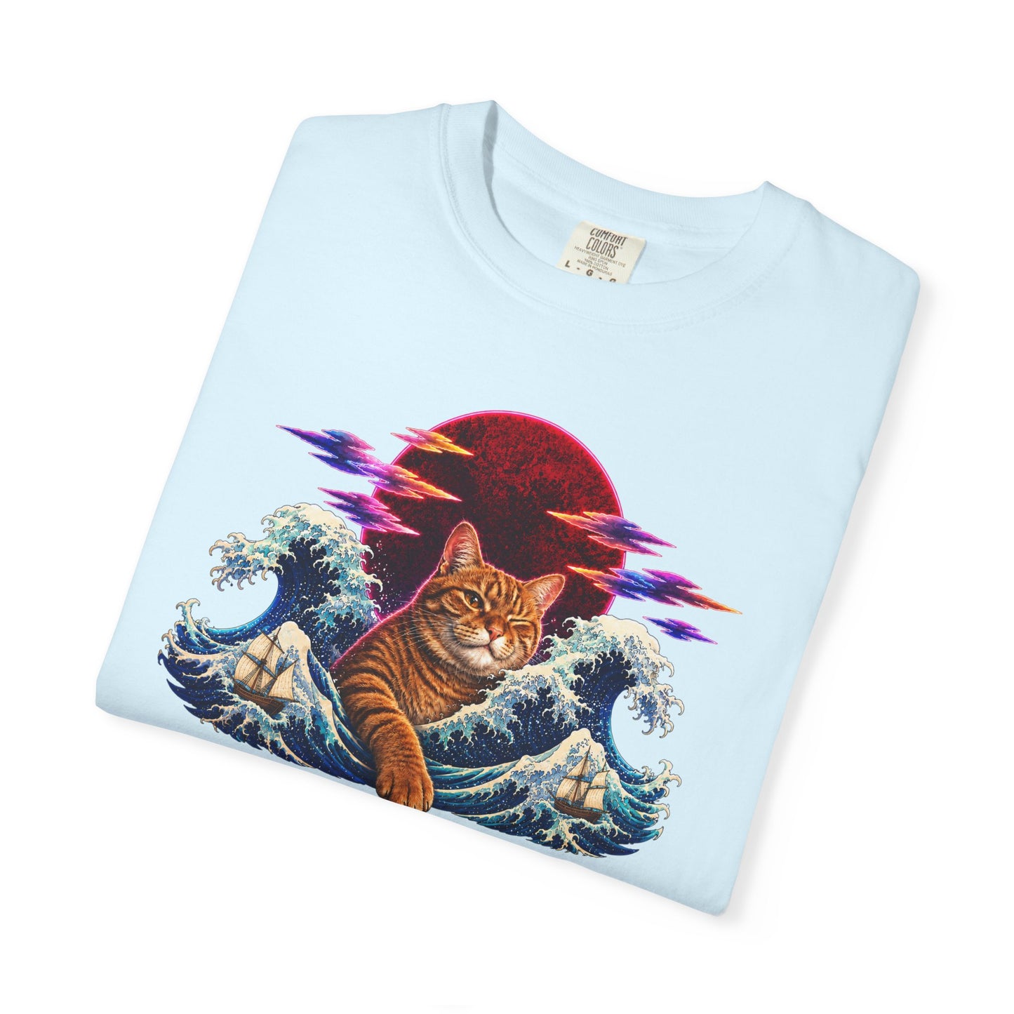 Cat Wave T-Shirt — Ginger Cat Surfing Ocean Waves with Red Sun Graphic