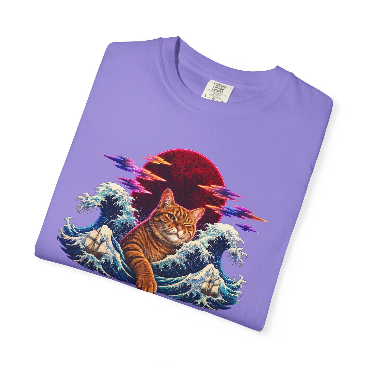 Cat Wave T-Shirt — Ginger Cat Surfing Ocean Waves with Red Sun Graphic