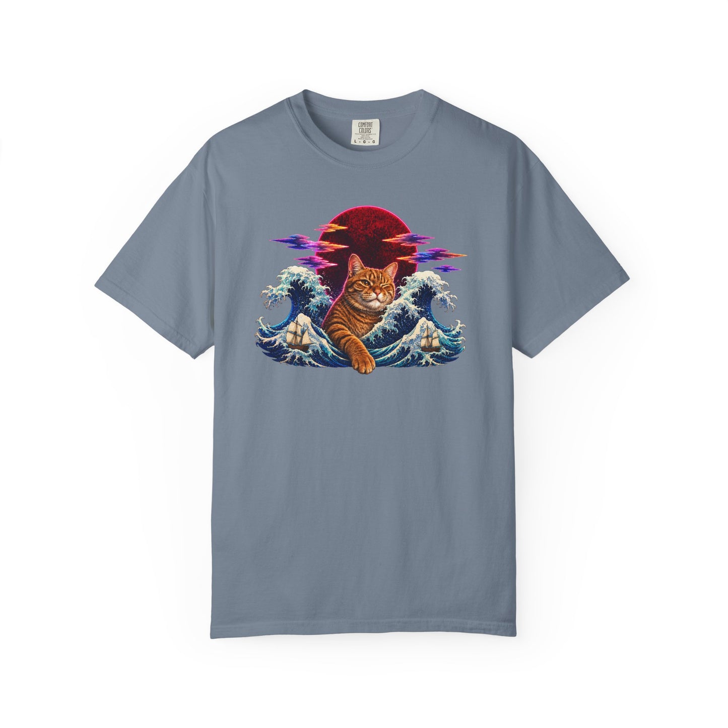 Cat Wave T-Shirt — Ginger Cat Surfing Ocean Waves with Red Sun Graphic