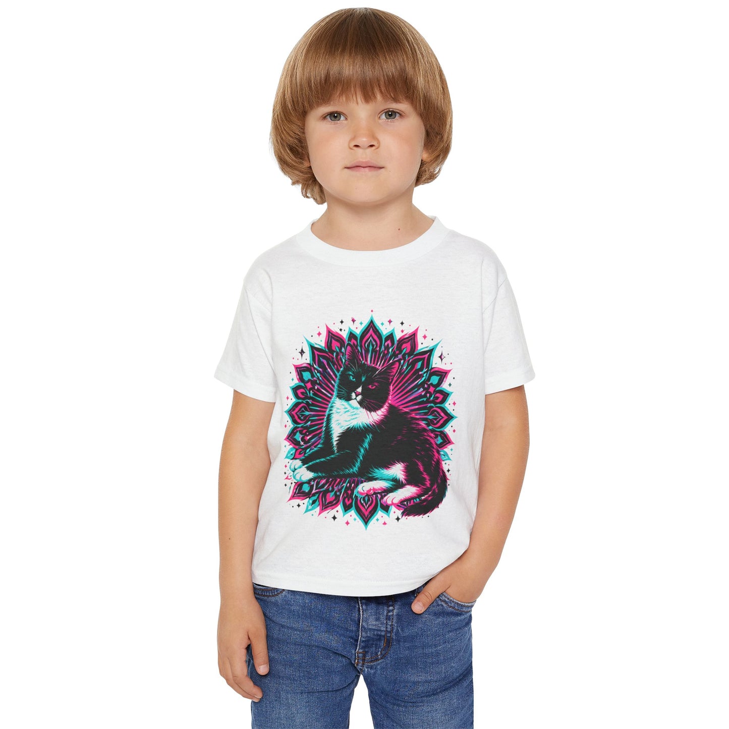 Toddler T‑Shirt — Retro Neon Cat on Mandala Graphic
