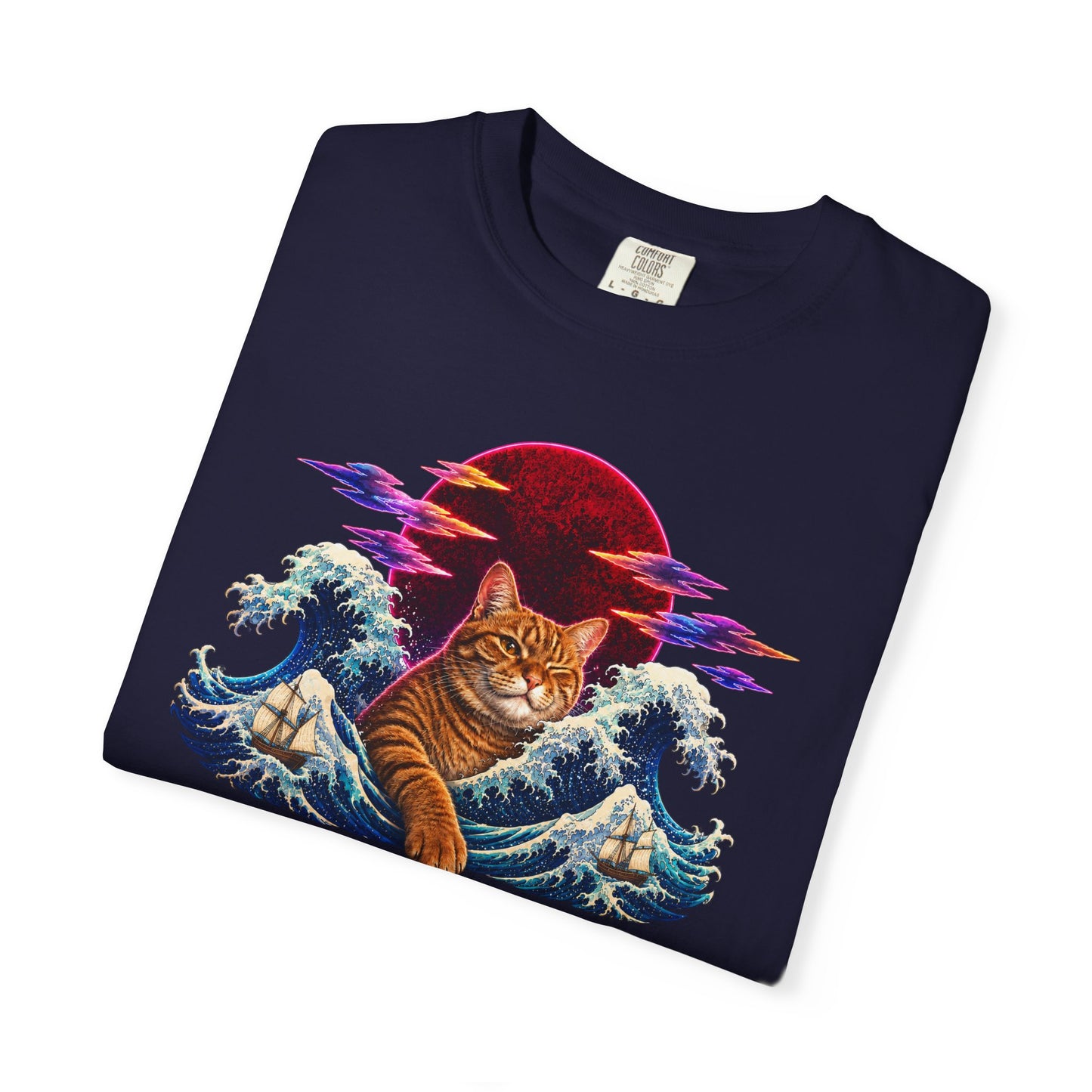 Cat Wave T-Shirt — Ginger Cat Surfing Ocean Waves with Red Sun Graphic