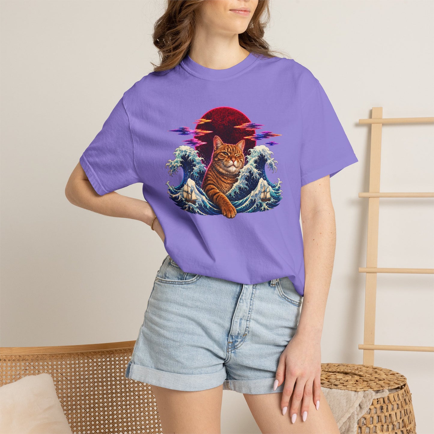 Cat Wave T-Shirt — Ginger Cat Surfing Ocean Waves with Red Sun Graphic